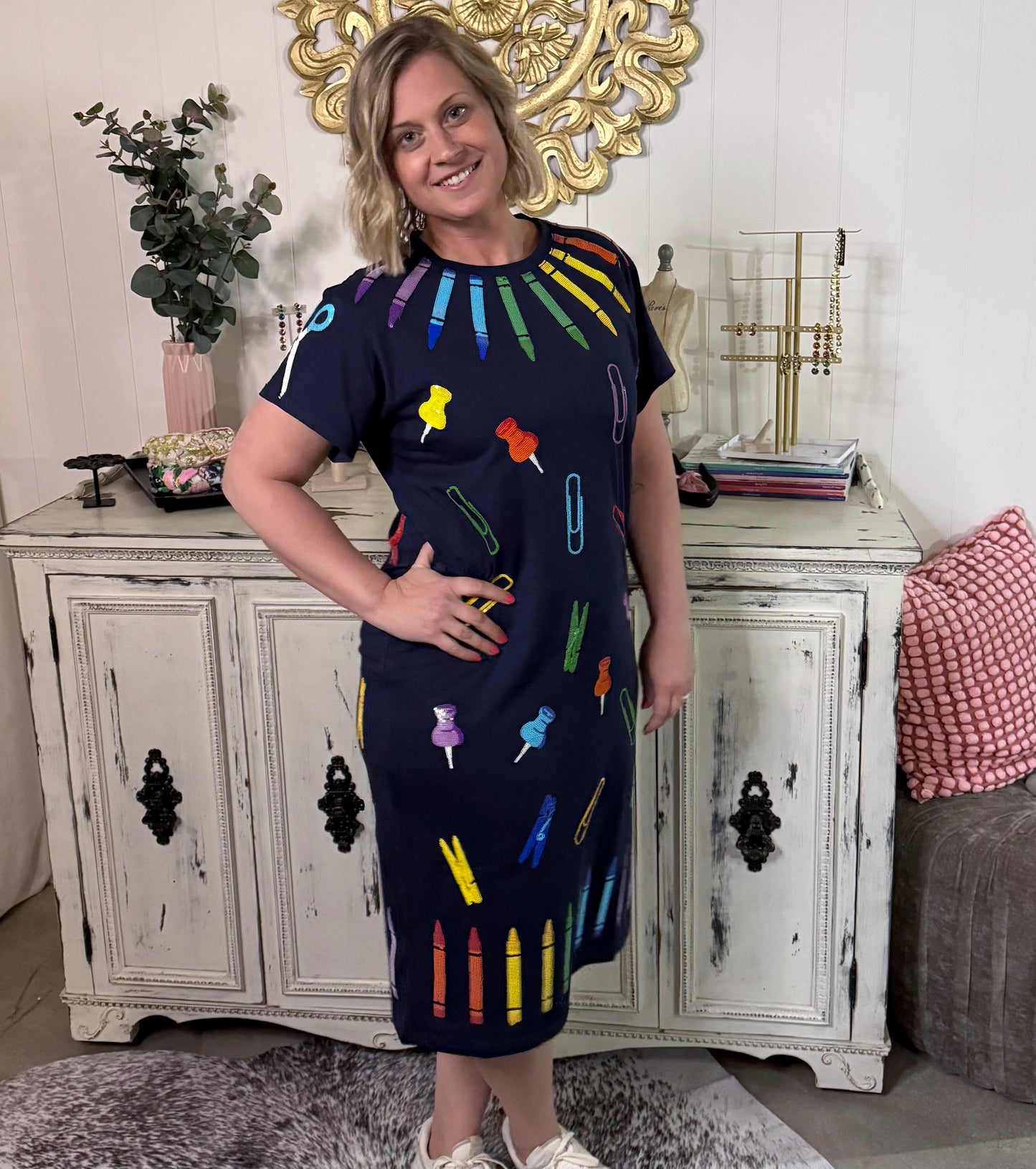 Queen of Sparkles Navy School Supplies Midi Tee Dress