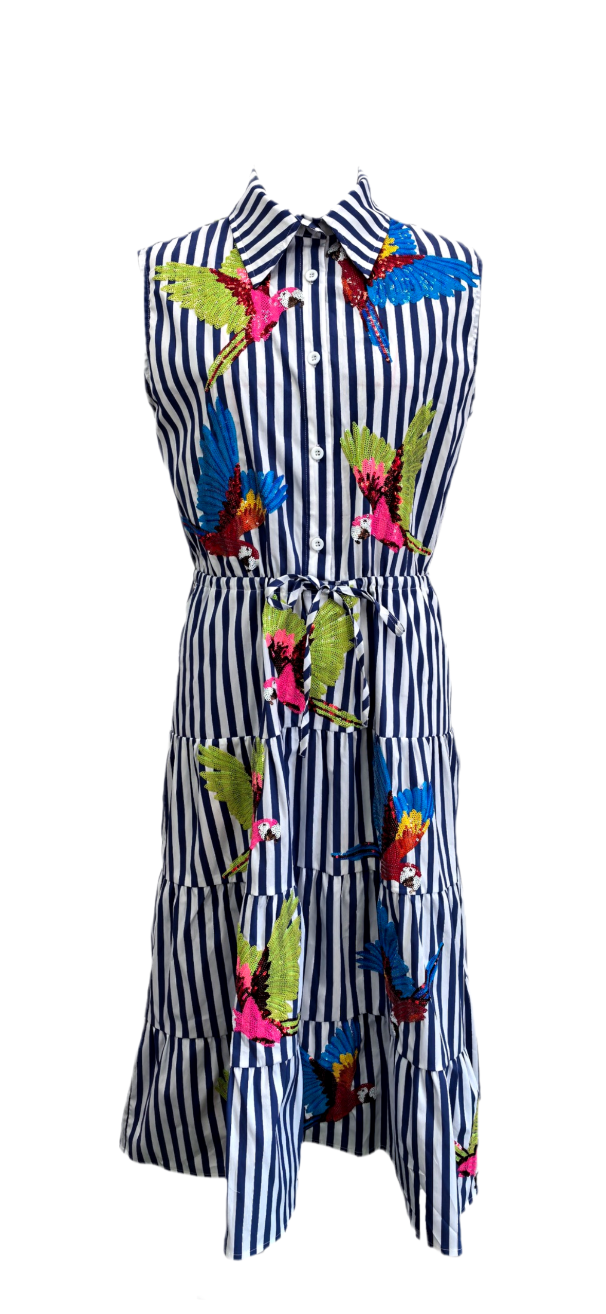 Queen of Sparkles Navy & White Parrot Tie Midi Dress