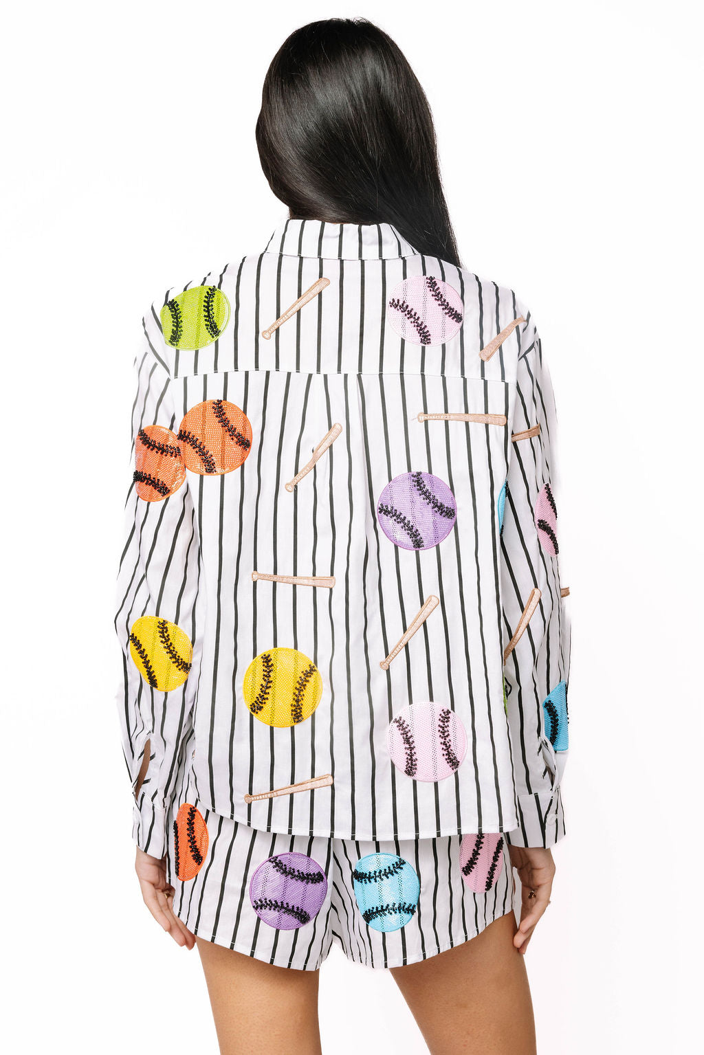 Queen of Sparkles Black & White Multi Baseballs & Bats Button Up Cotton Long Sleeve Top