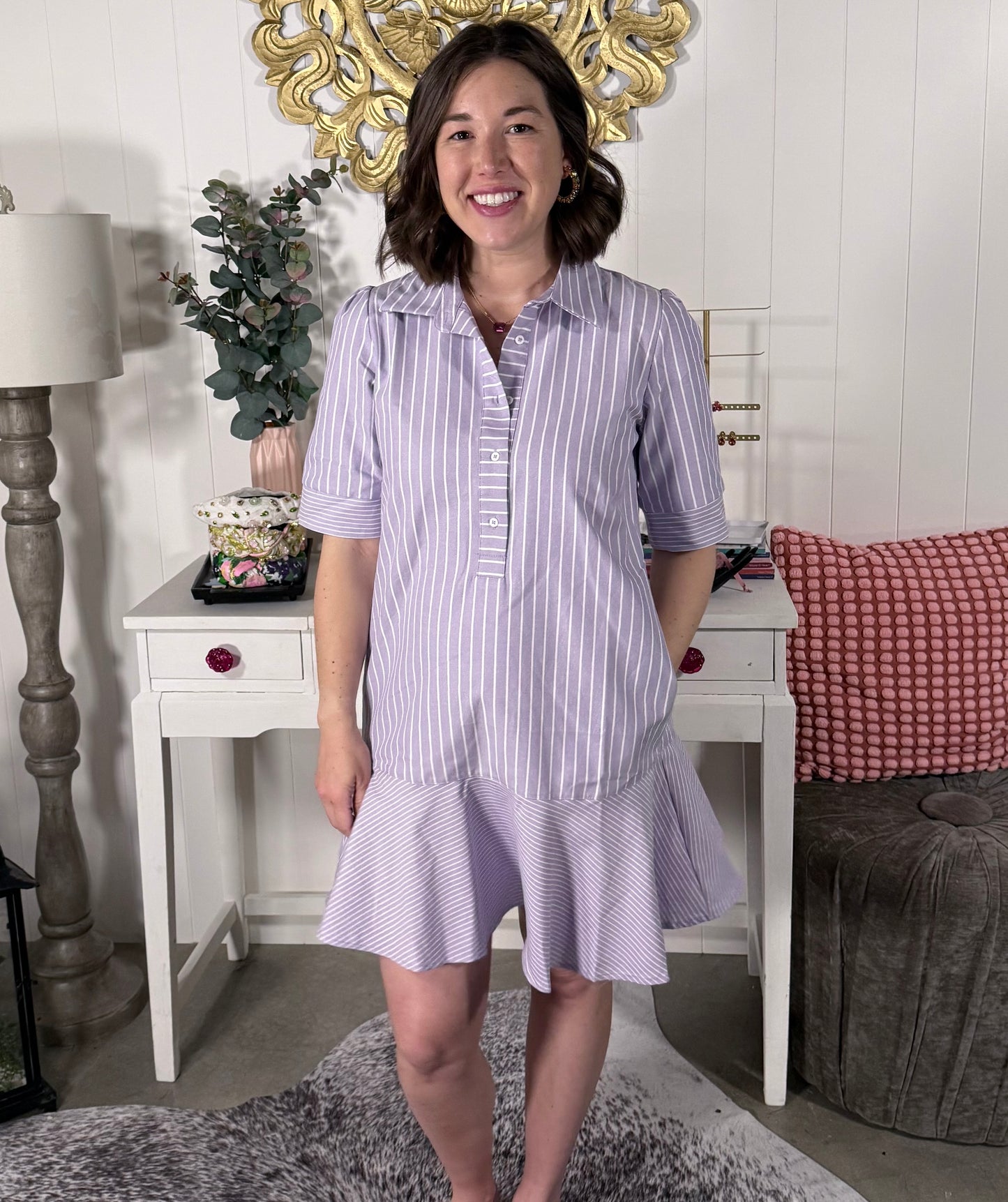 Lavender Short Sleeve Striped Dress