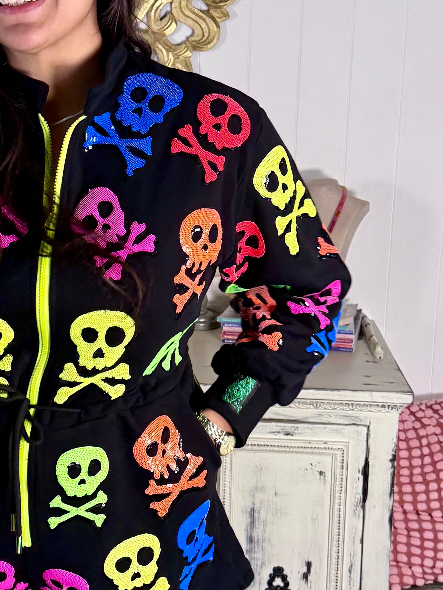 Queen of Sparkles Neon Skull and Cross Bones Romper