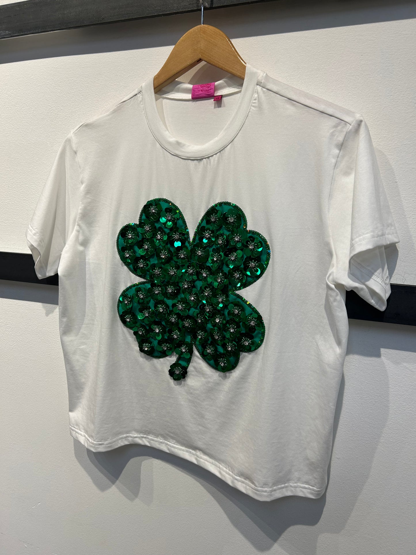 Queen of Sparkles White & Green Sequin Shamrock Tee