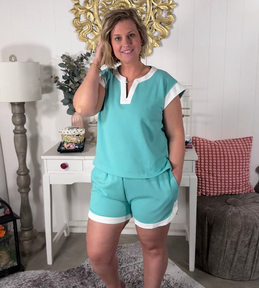 Jade and White Trim Contrast Pique Top