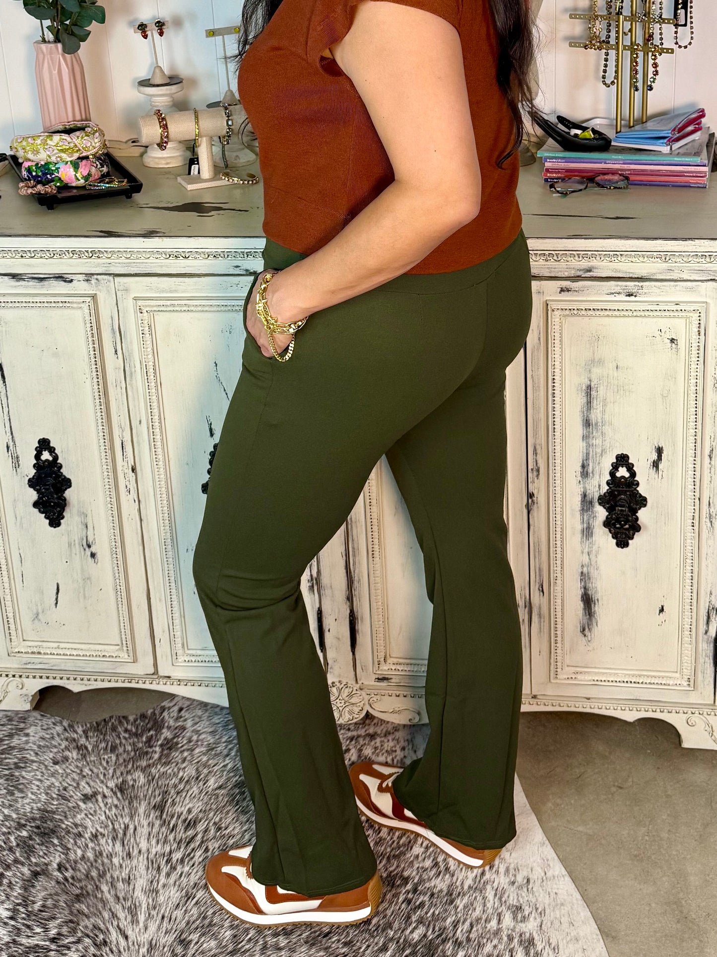 High Waisted Olive Stretch Flare Pants