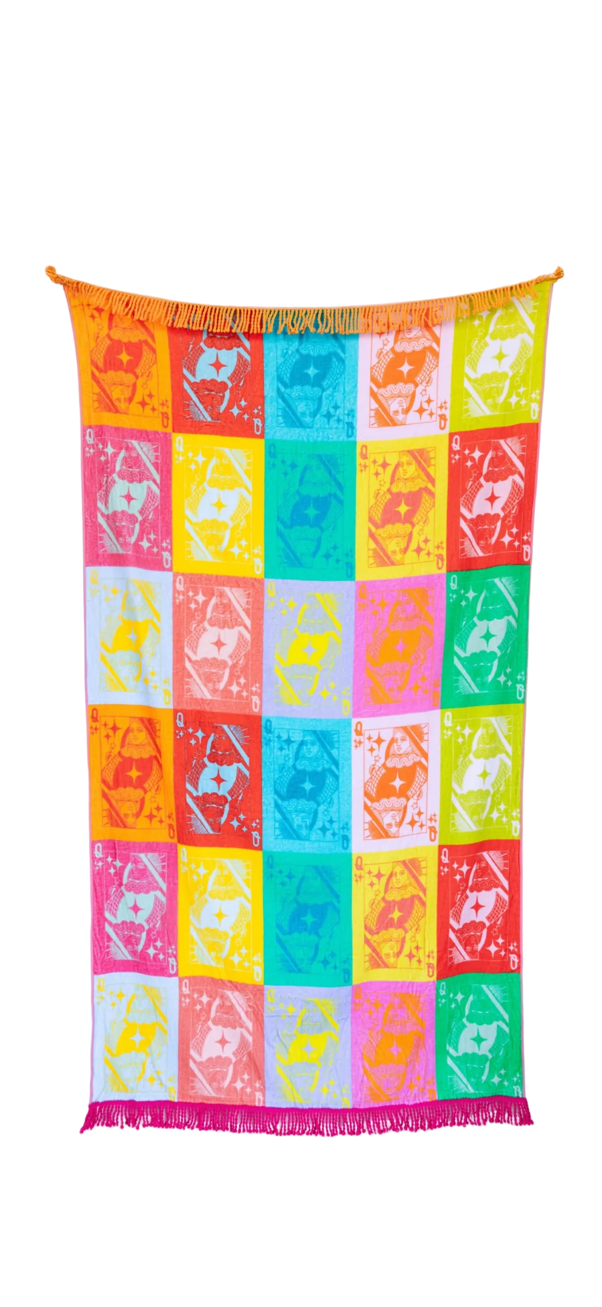 Queen of Sparkles Multi Colorblock Qos Card Logo Fringe Oversized Beach Towel