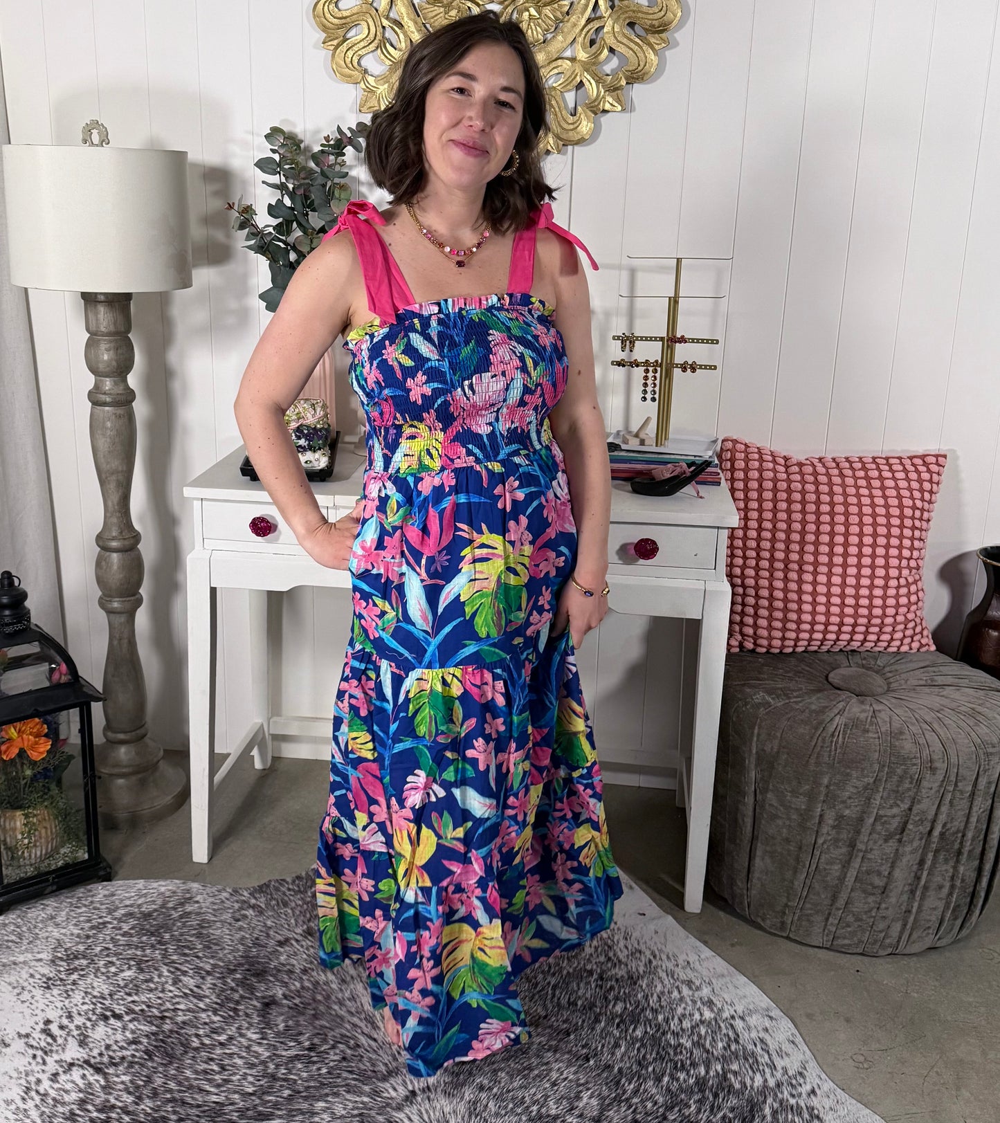 Royal Blue Floral Shoulder Tie Maxi Dress