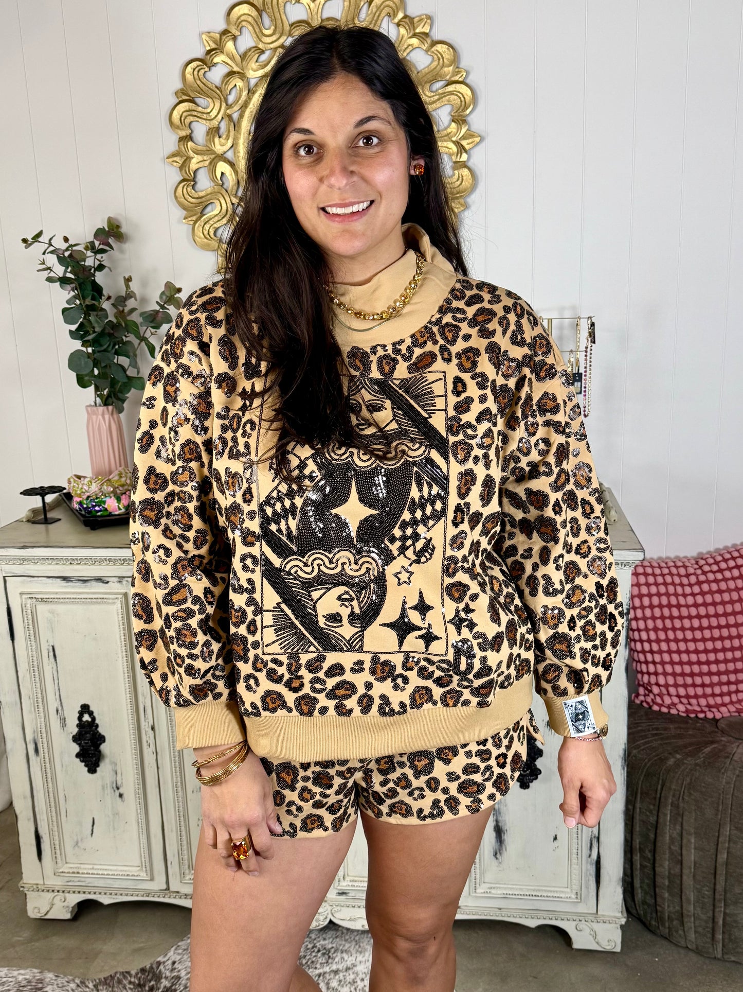 Queen of Sparkles Tan Leopard Queen Logo Short