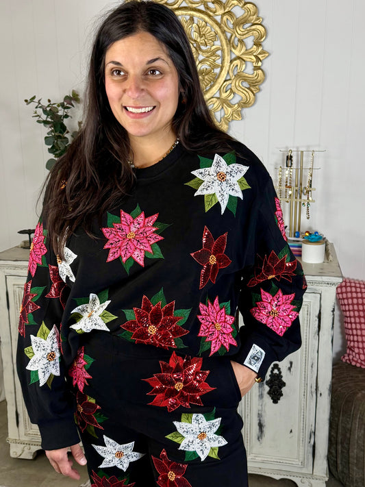 Queen of Sparkles Black Poinsettia Sweatshirt