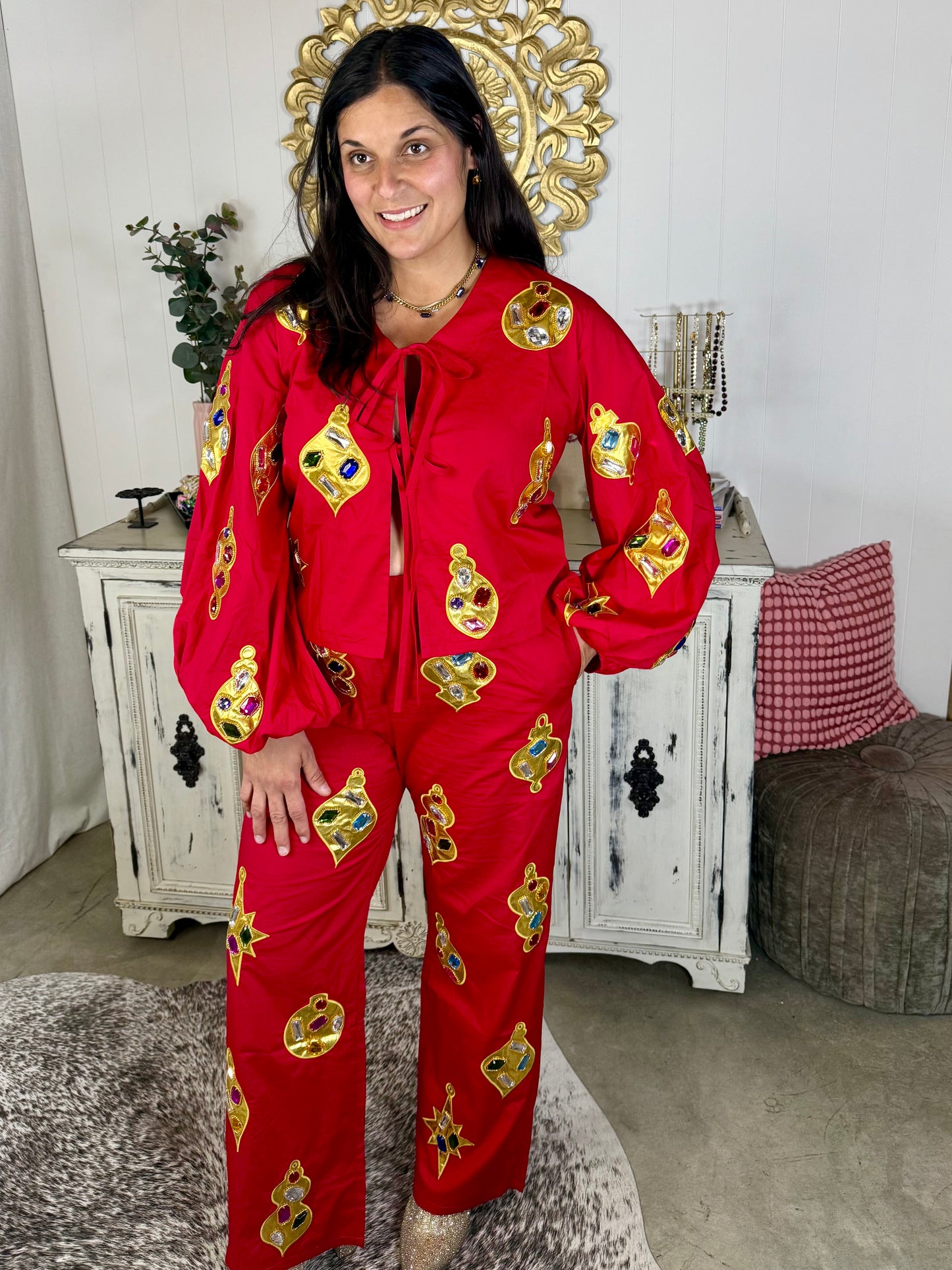 Queen of Sparkles Red & Gold Jeweled Ornament Pant