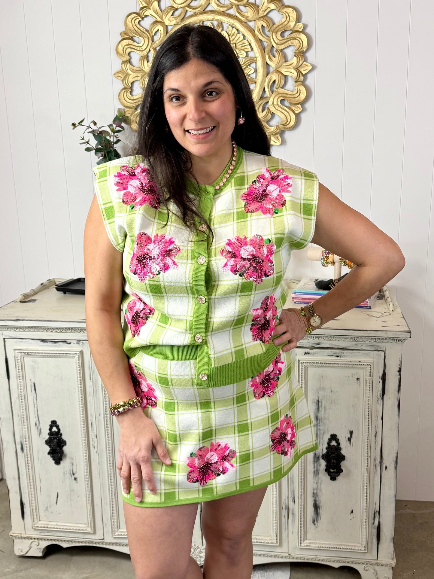 Queen of Sparkles Green Plaid Azalea Button Up Tank Sweater