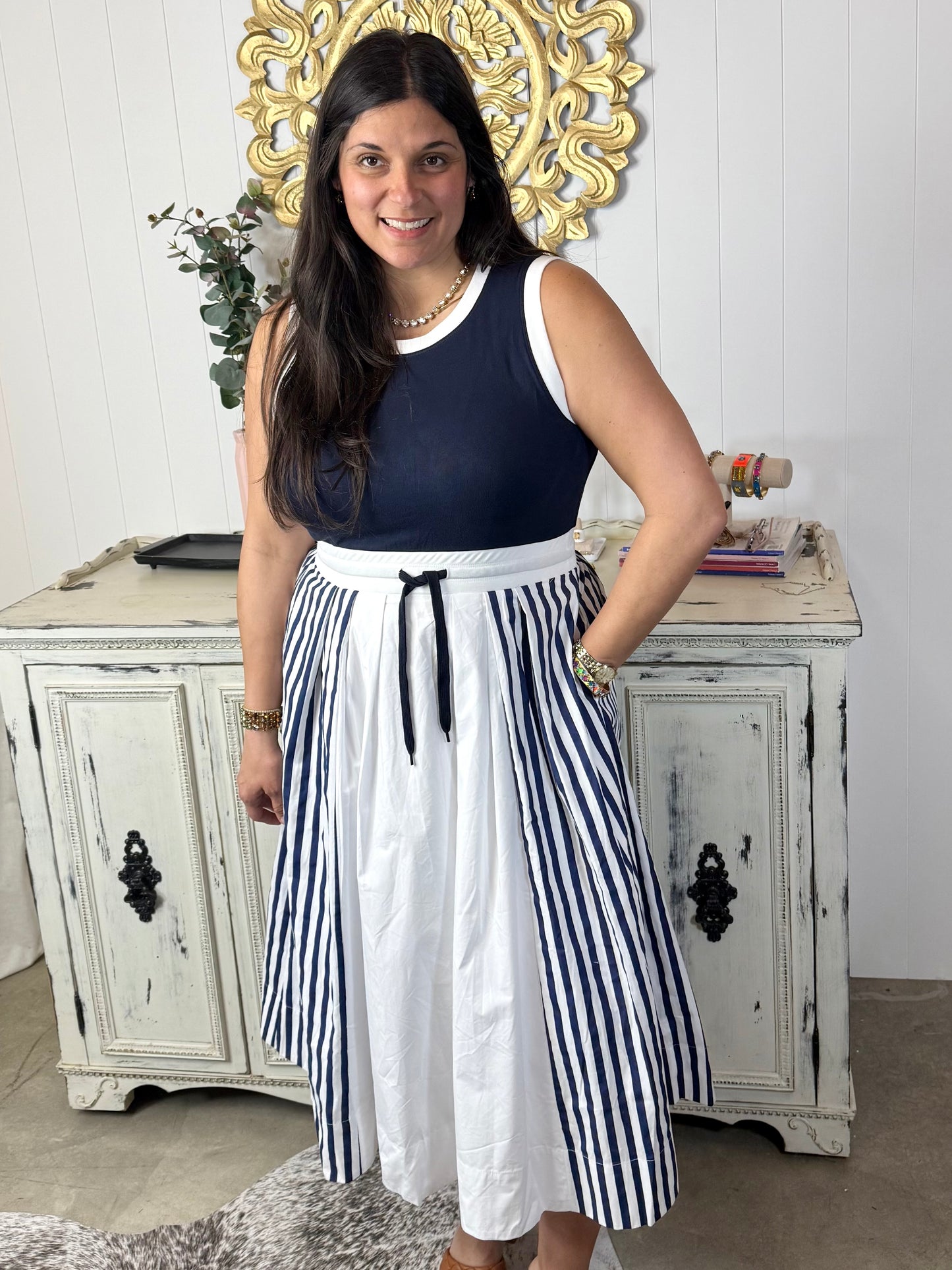 Blue Sleeveless Striped Midi Dress
