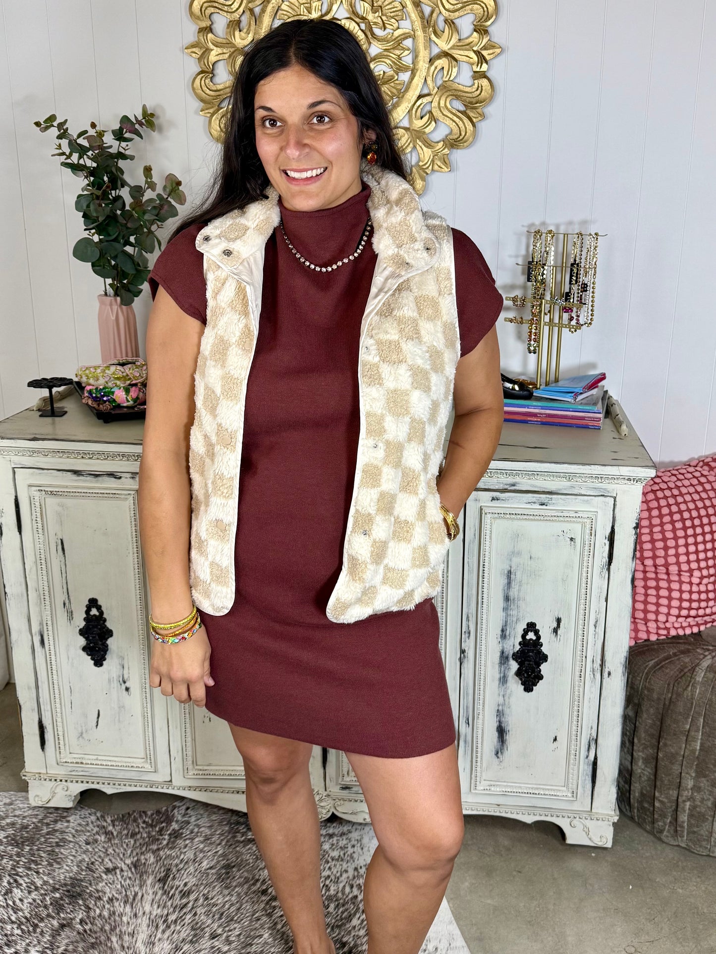 Khaki Checkered Sherpa Snap Vest