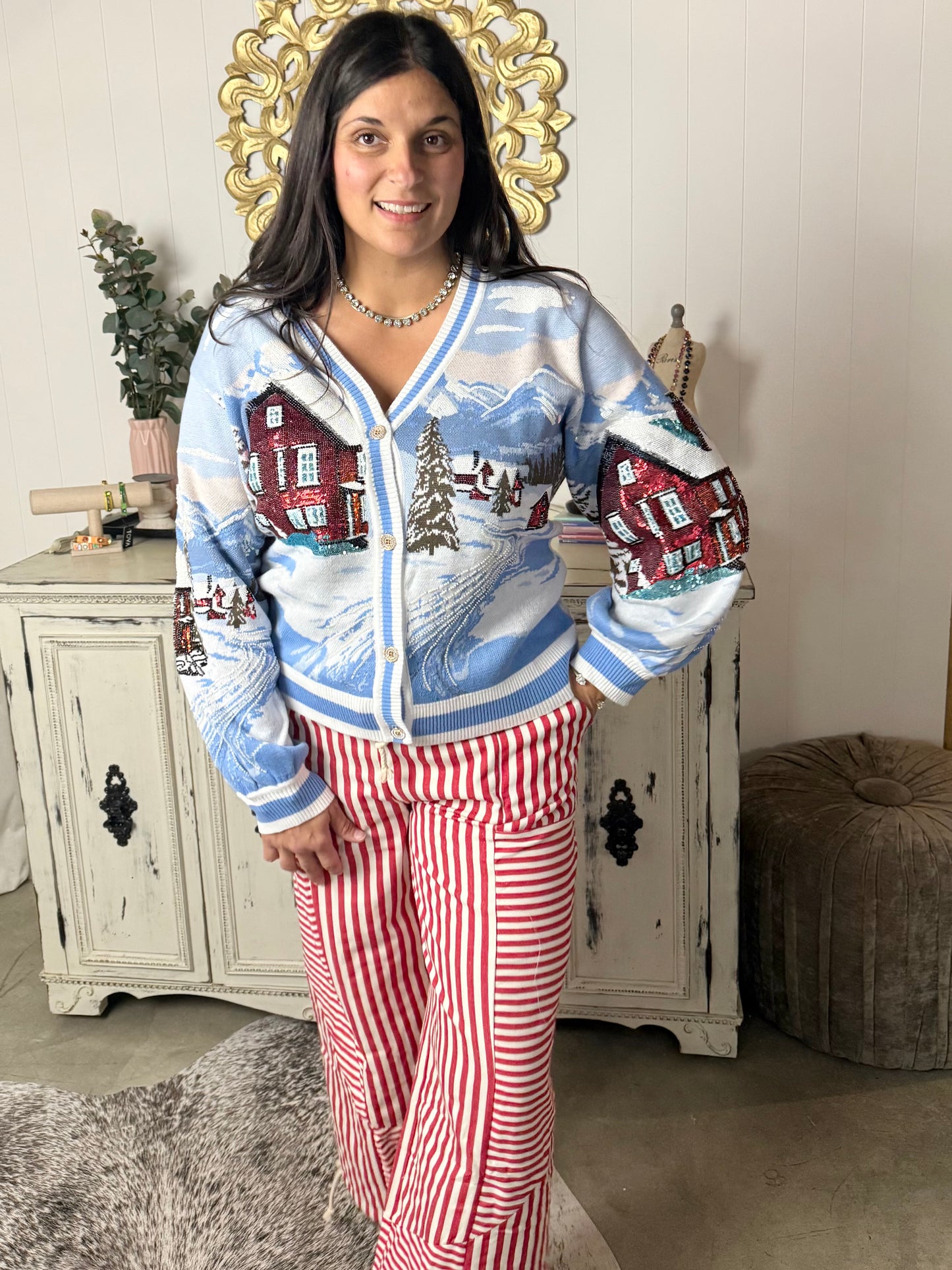 Queen of Sparkles Snowy Town Scene Cardigan