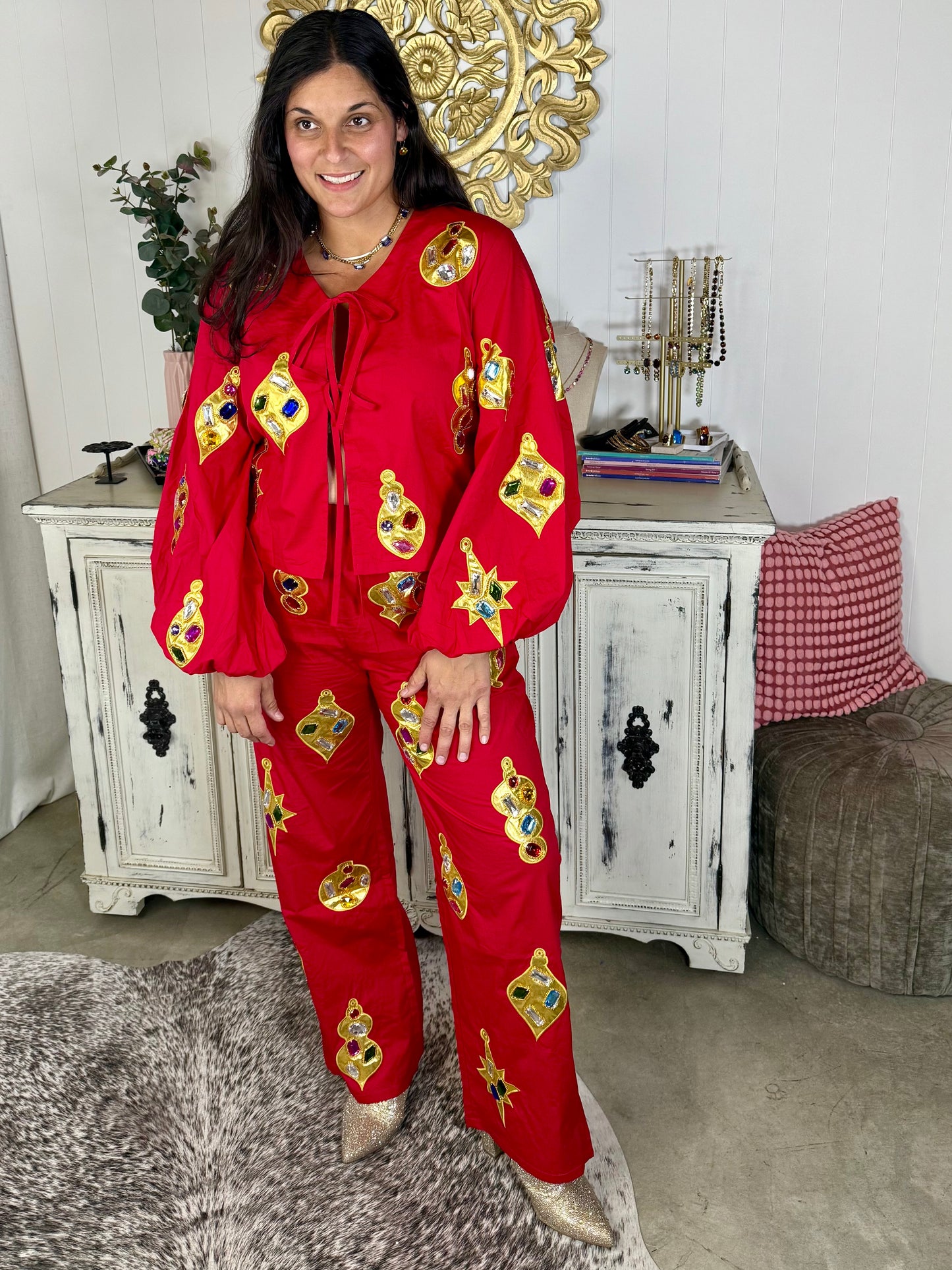 Queen of Sparkles Red & Gold Jeweled Ornament Pant