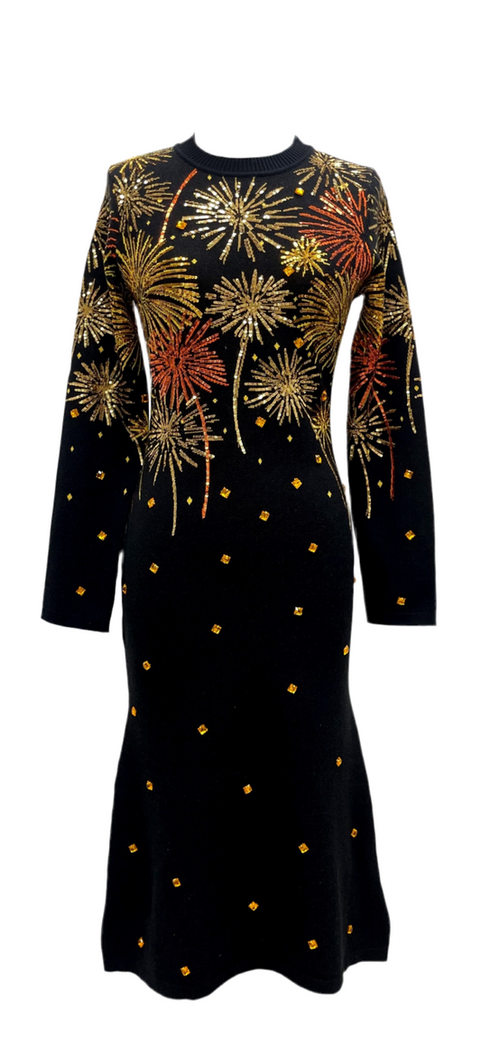 Queen of Sparkles Black & Mixed Metals Firework Midi Sweater Dress