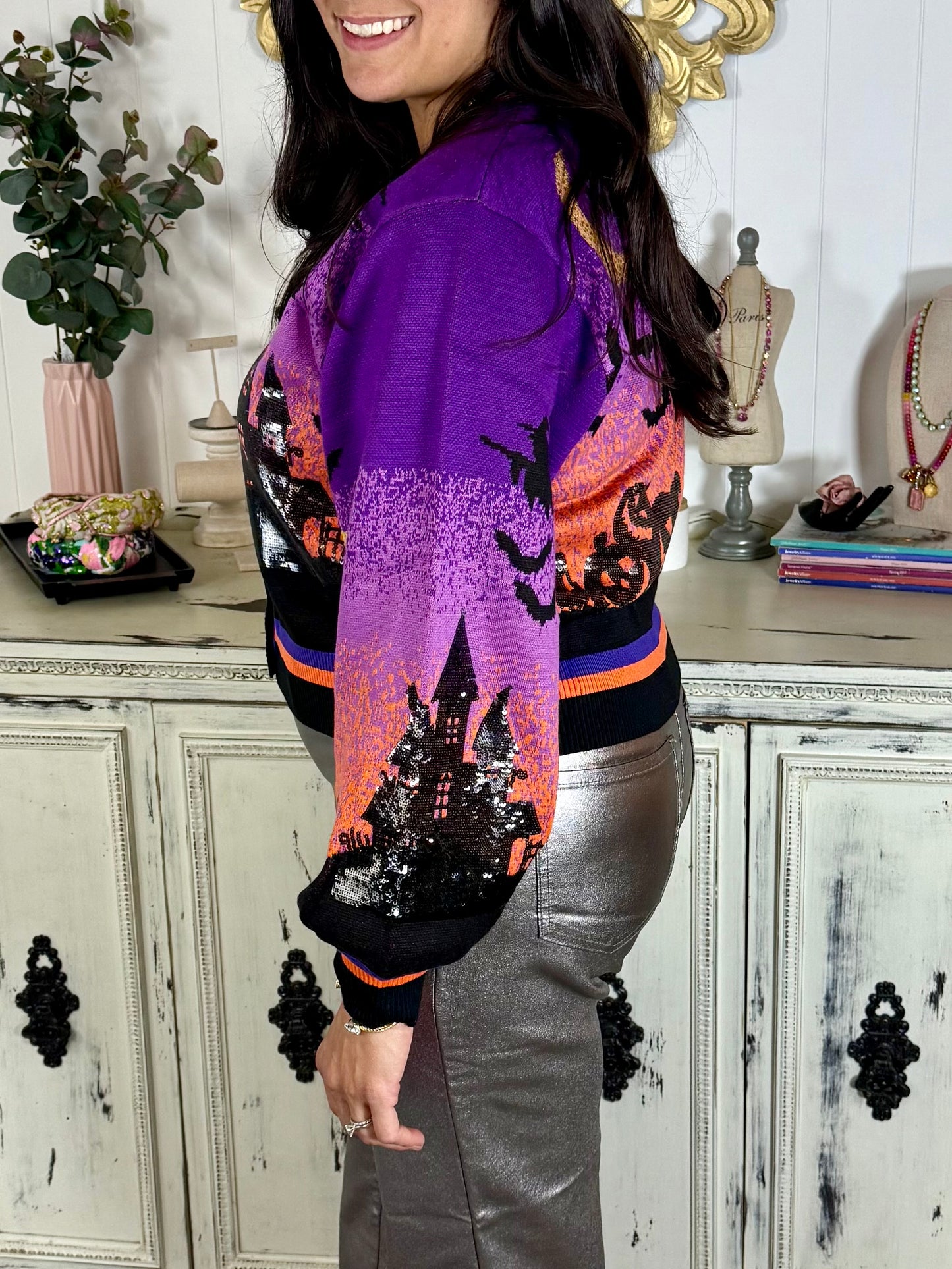 Queen of Sparkles Purple Halloween Scene Cardigan