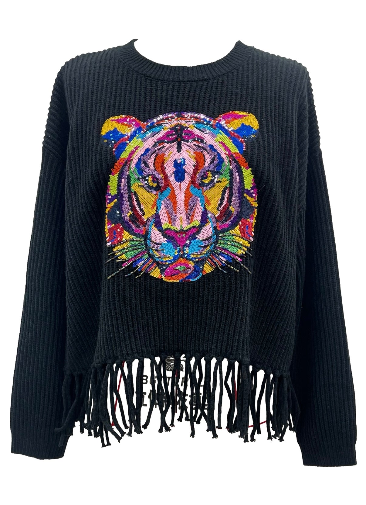 Queen of Sparkles Black Fringe Sweater with Rainbow Tiger