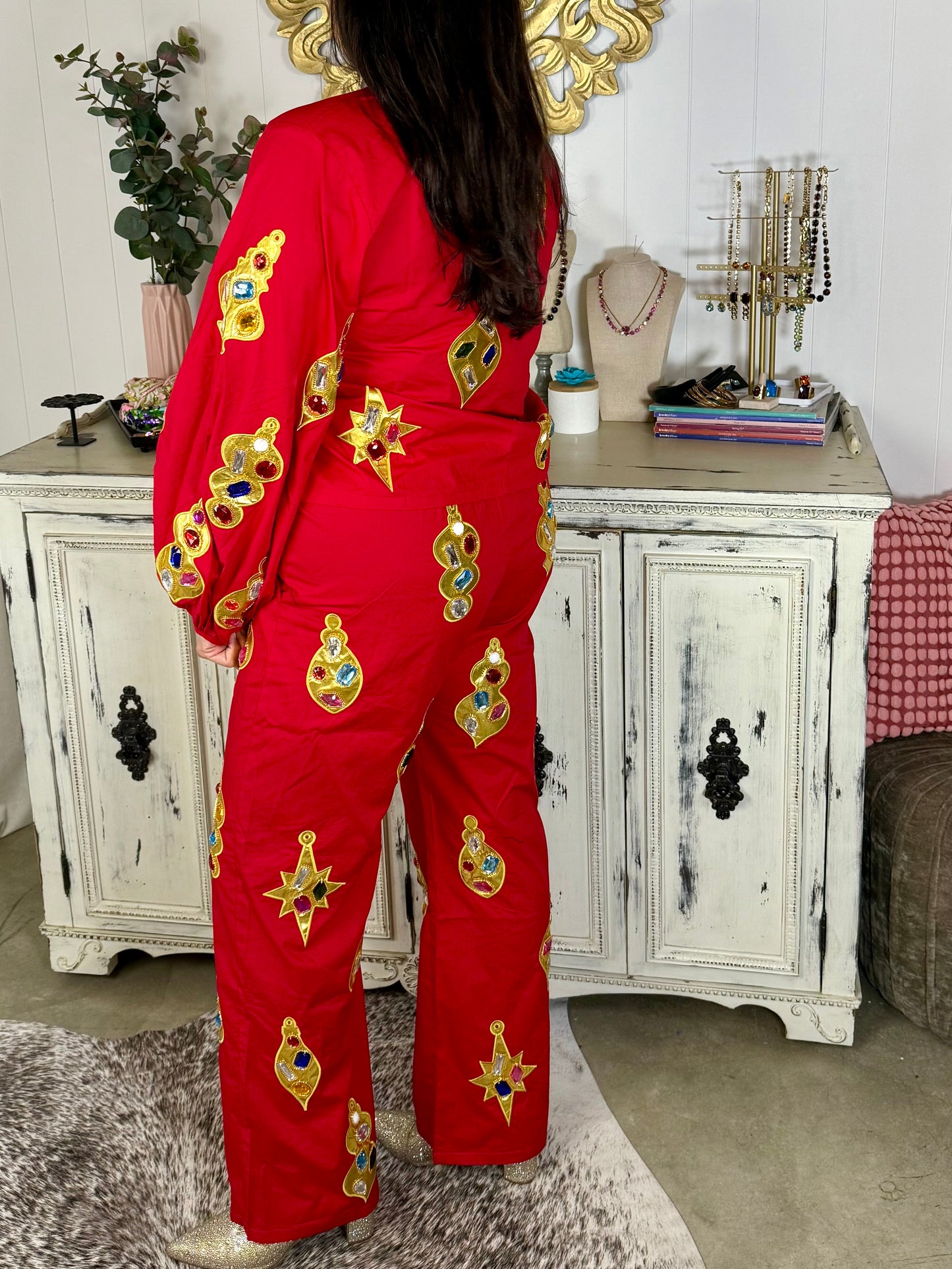 Queen of Sparkles Red & Gold Jeweled Ornament Pant