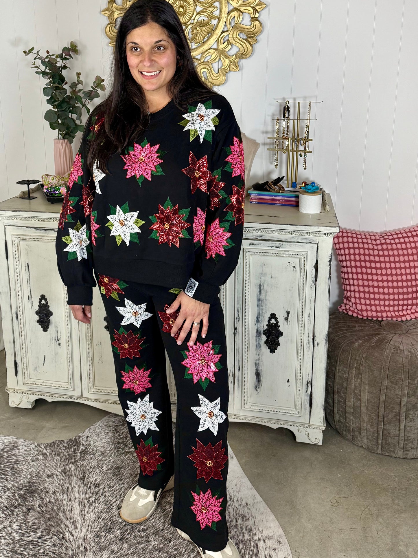 Queen of Sparkles Black Poinsettia Sweatpants