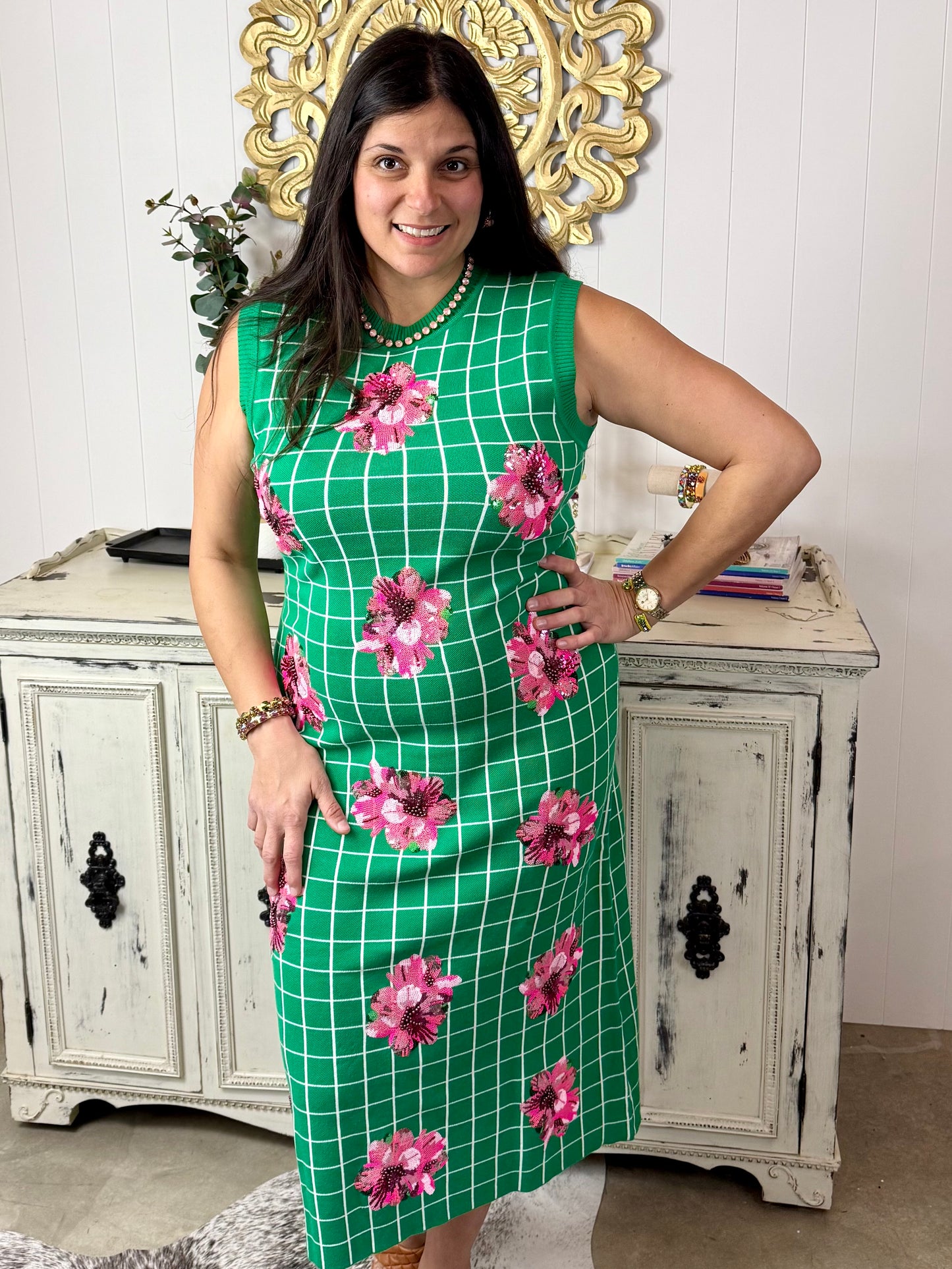 Queen of Sparkles Green & White Checkered Pink Azalea Knit Midi Dress
