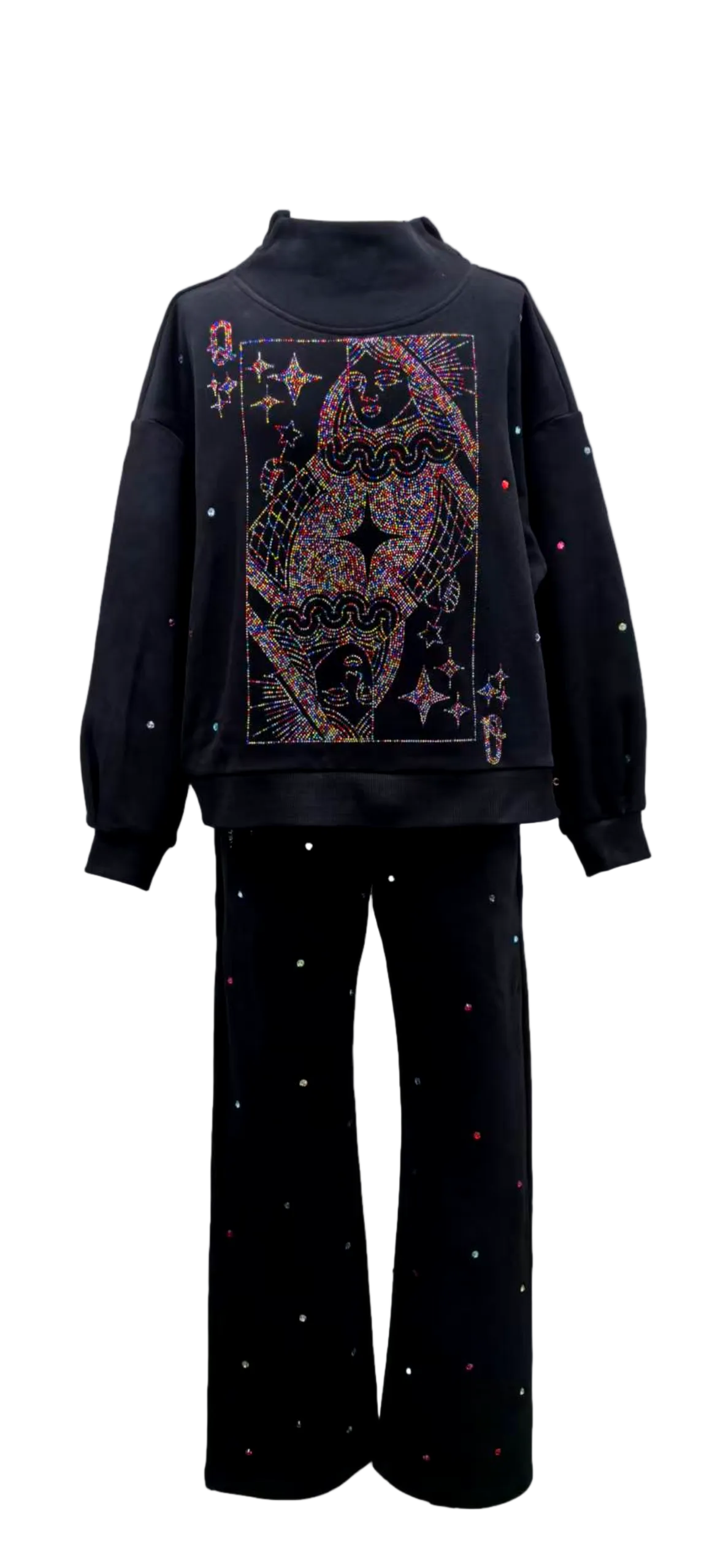 Queen of Sparkles Black Rainbow Rhinestone Qos Card Logo Mock Neck Sweatshirt