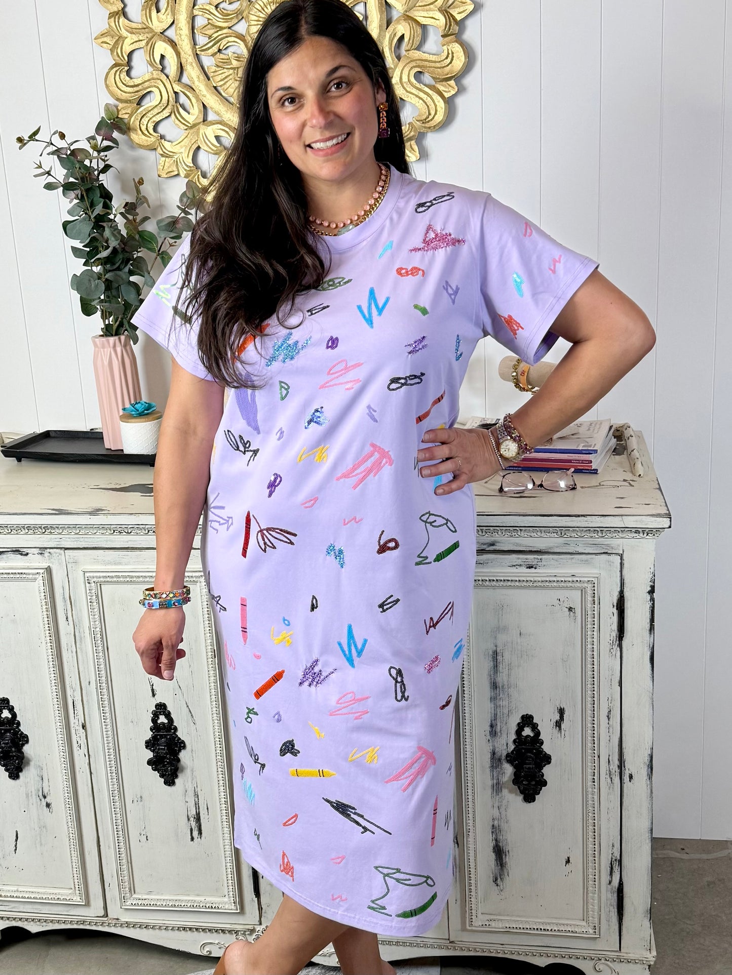 Queen of Sparkles Lavender Multi Crayon Scribble Midi Tee Dress