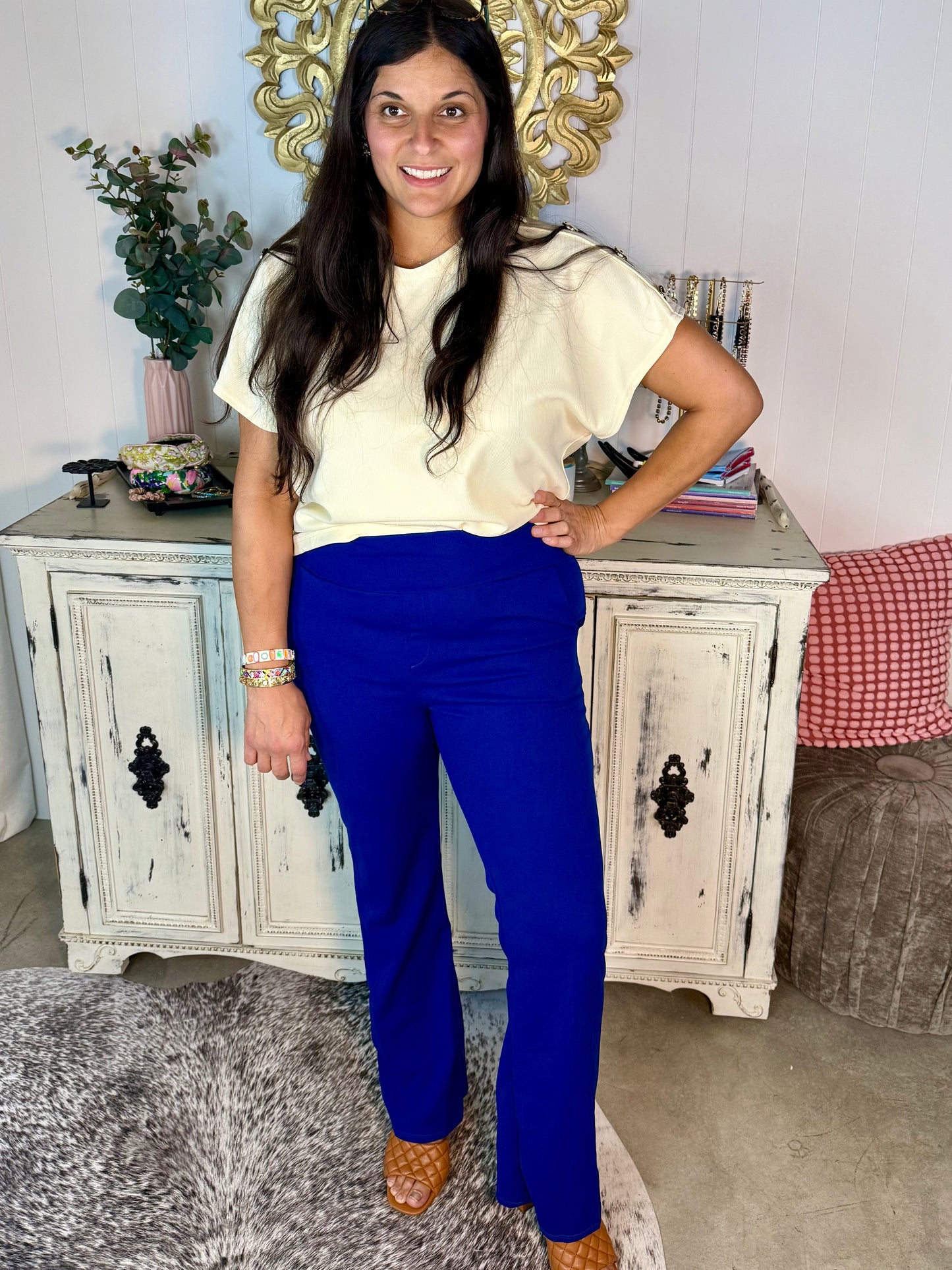 High Waisted Cobalt Blue Stretch Flare Pants