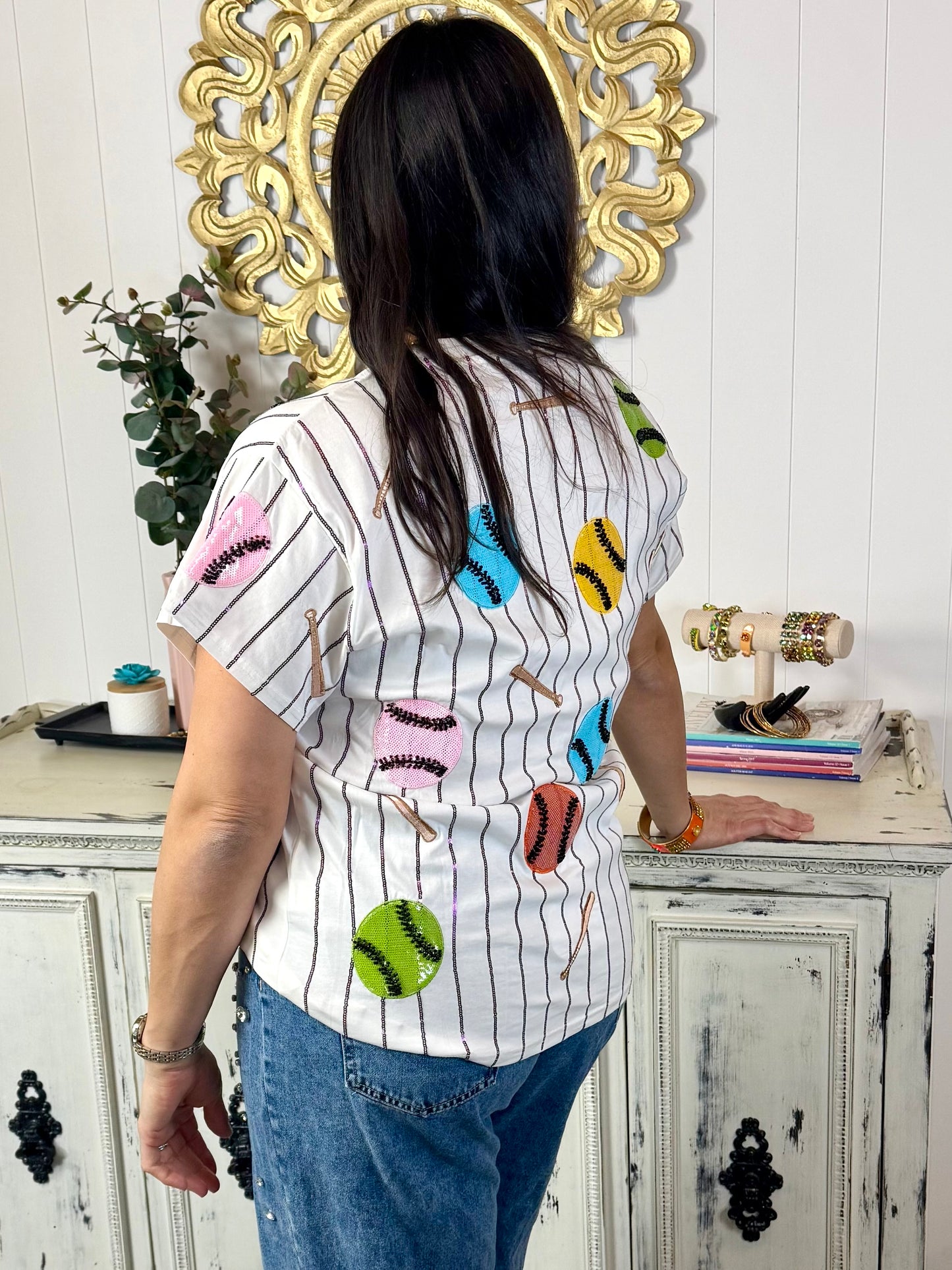 Queen of Sparkles Striped Multi Baseball & Bat Tee