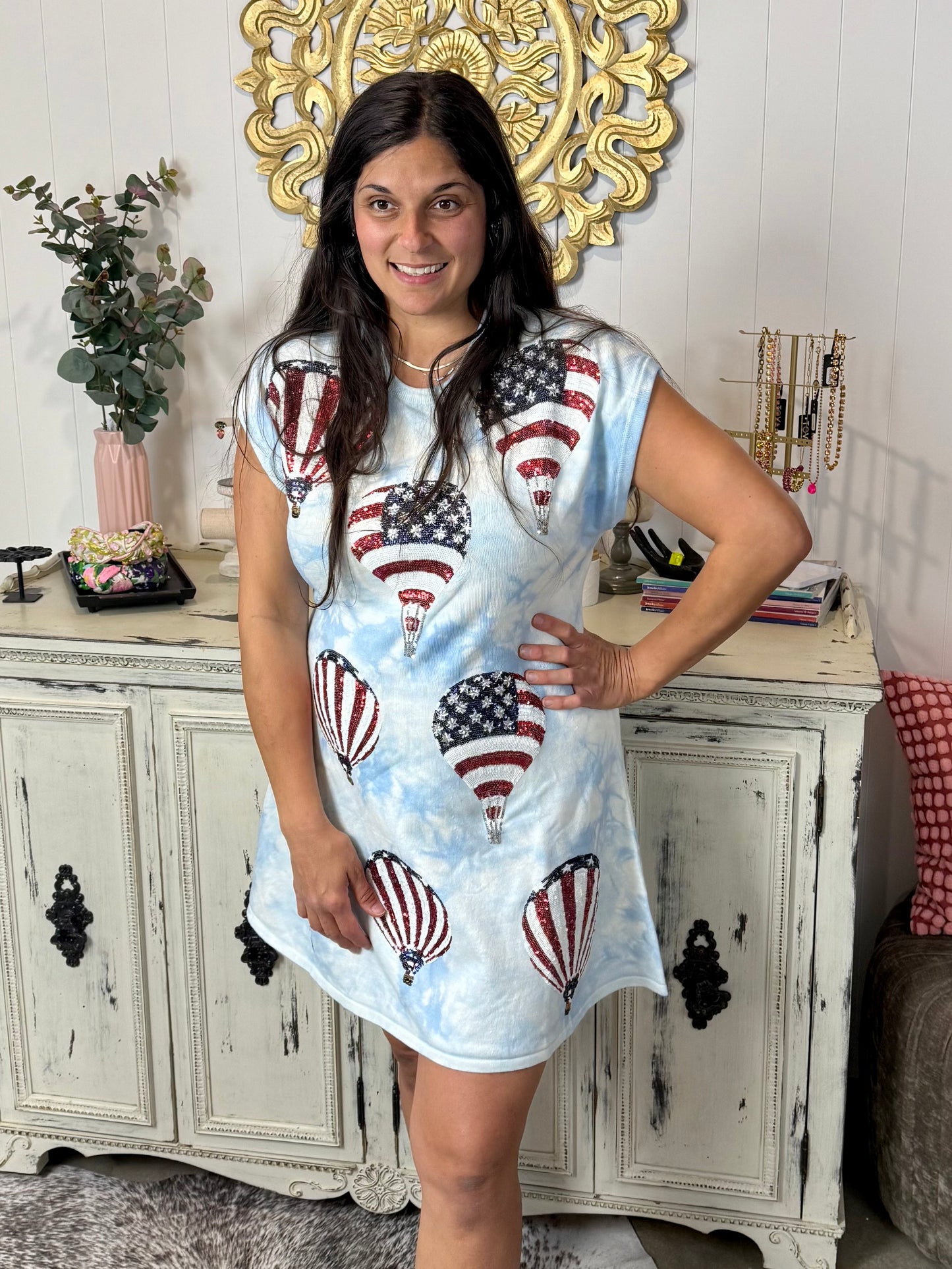 Queen of Sparkles Light Blue Tie Dye USA Hot Air Balloon Dress