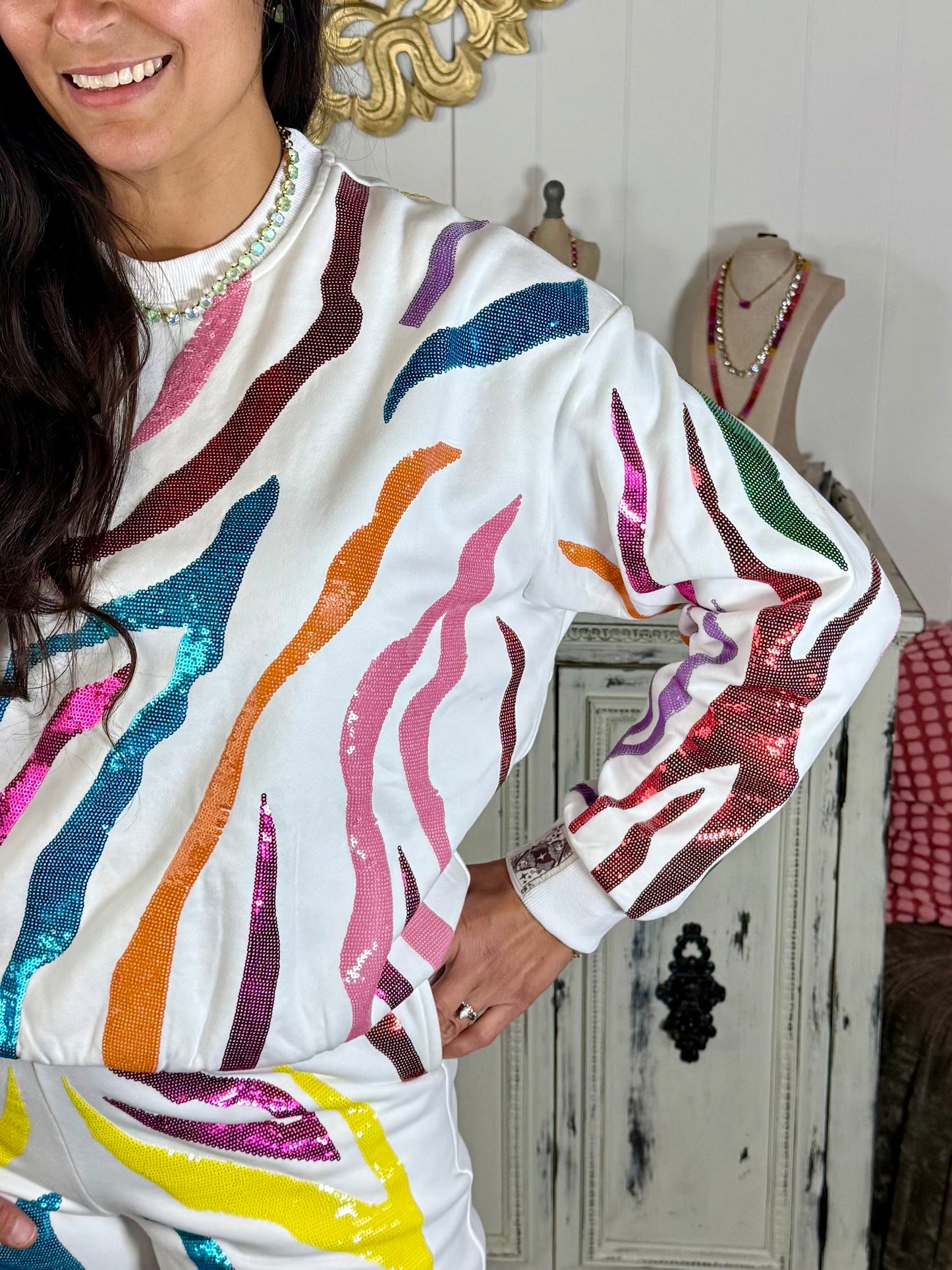 Queen of Sparkles White and Rainbow Tiger Stripe Sweatshirt