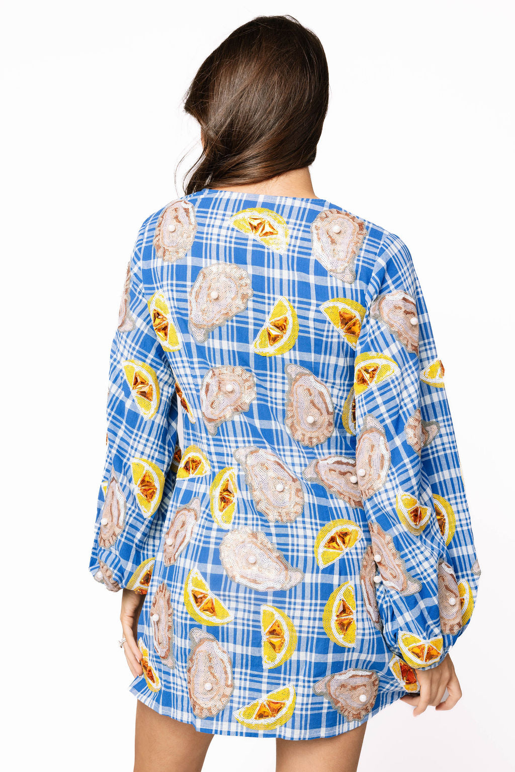 Queen of Sparkles Blue & White Plaid Oyster & Lemon Dress