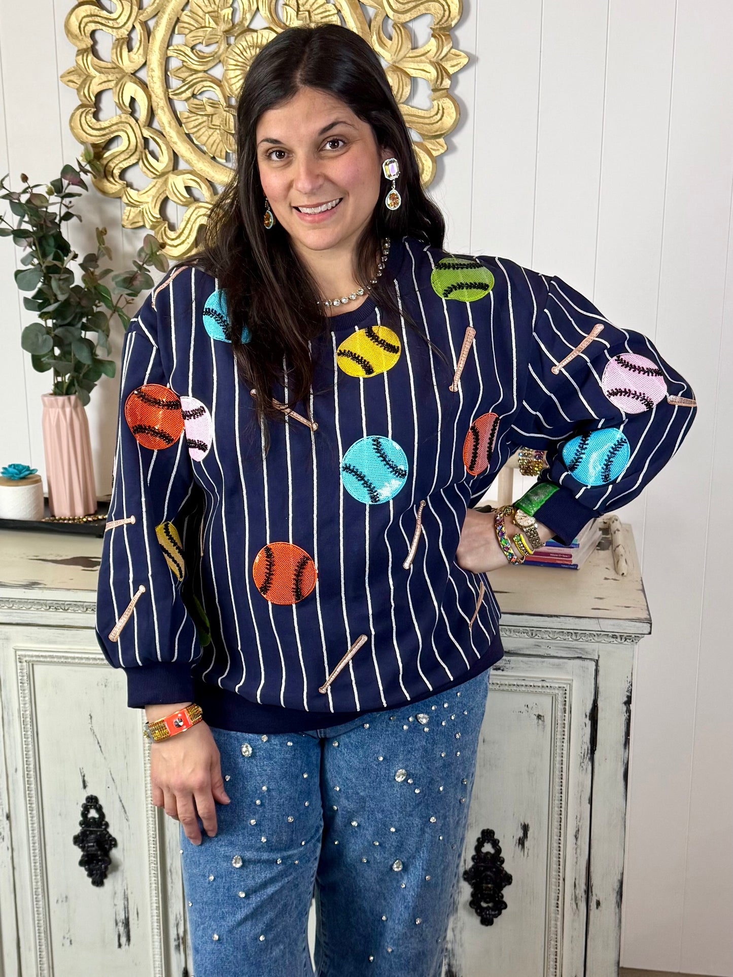 Queen of Sparkles Striped Multi Baseball & Bat Sweatshirt