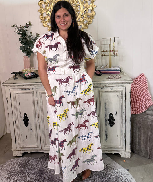 Queen of Sparkles White Multi Horse Bubble Top