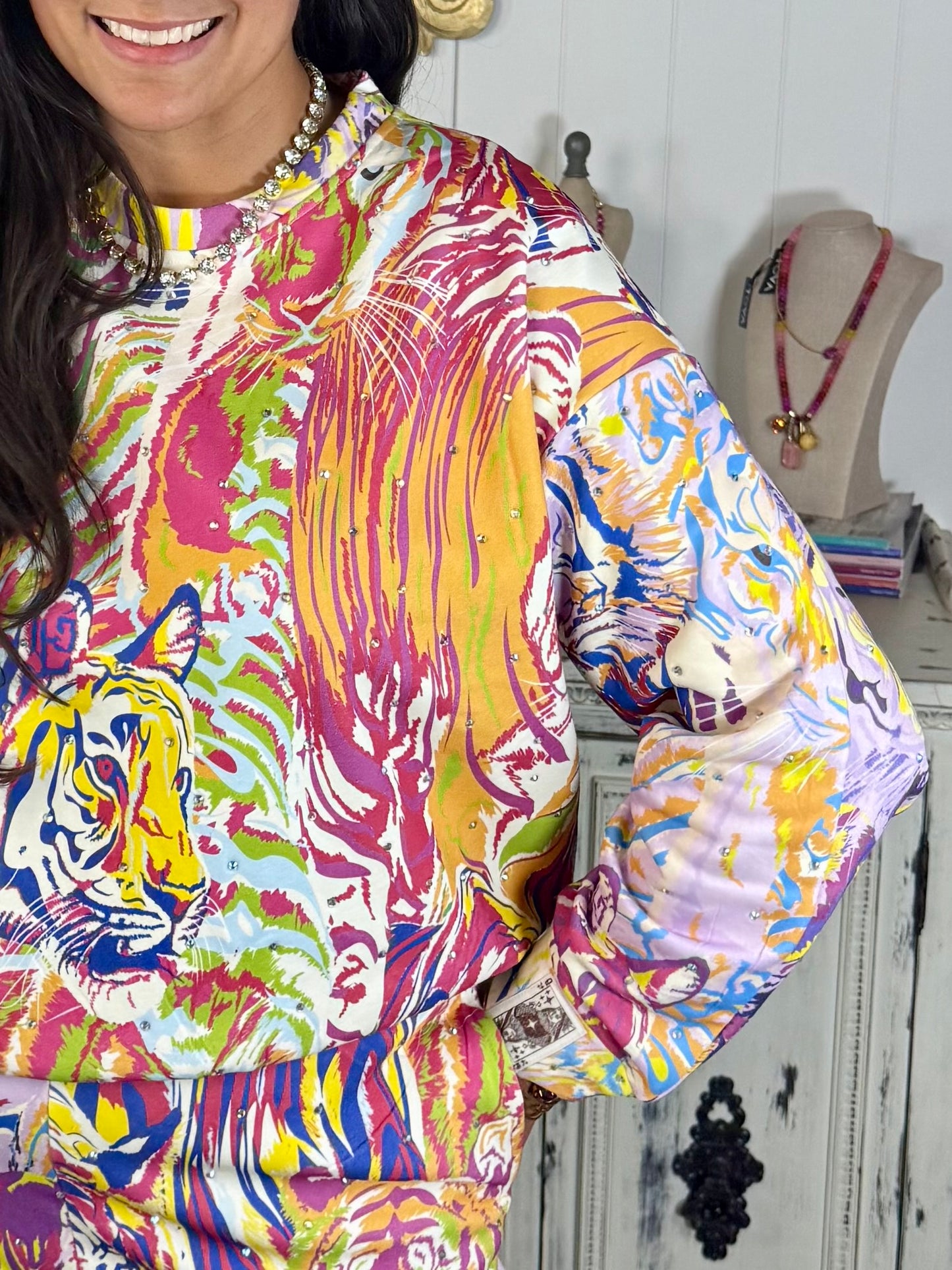 Queen of Sparkles Abstract Tiger Rhinestone Sweatshirt