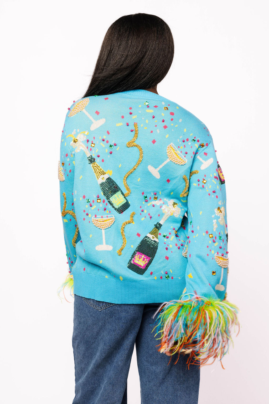 Queen of Sparkles Aqua Popping Champagne Cardigan