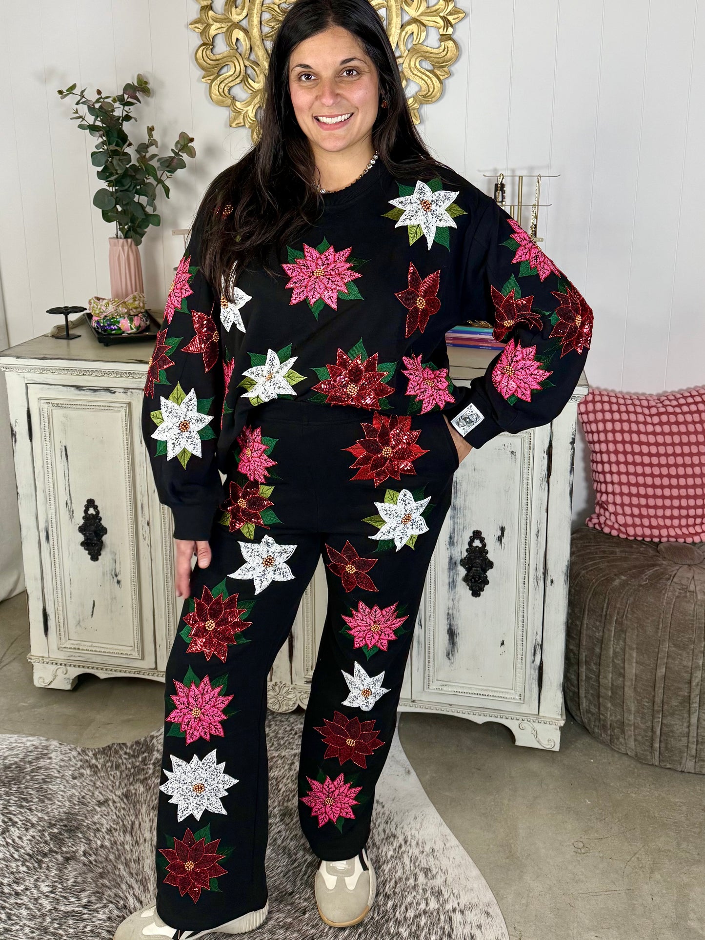 Queen of Sparkles Black Poinsettia Sweatpants