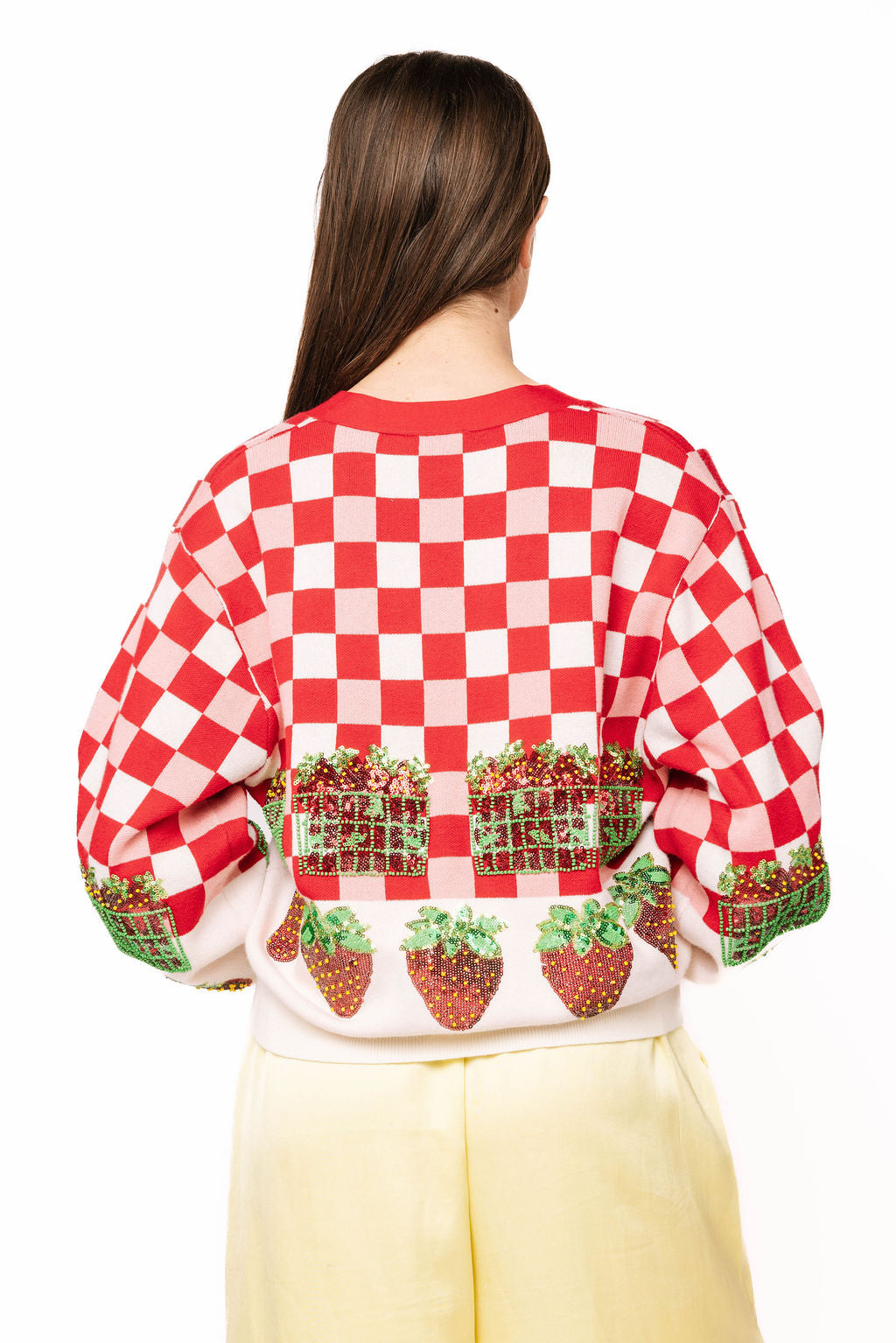 Queen of Sparkles Red & White Checkered Strawberry Button Up Cardigan