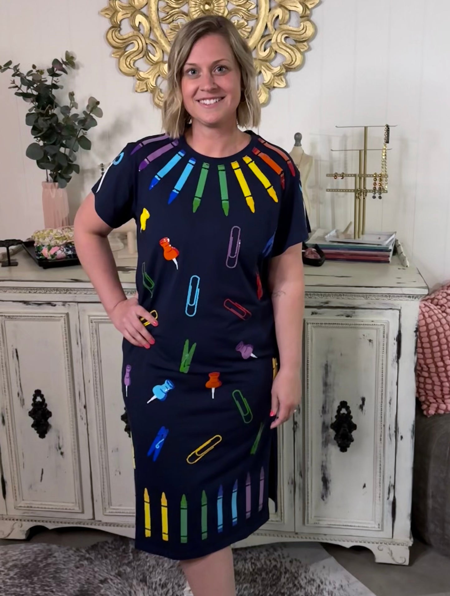 Queen of Sparkles Navy School Supplies Midi Tee Dress