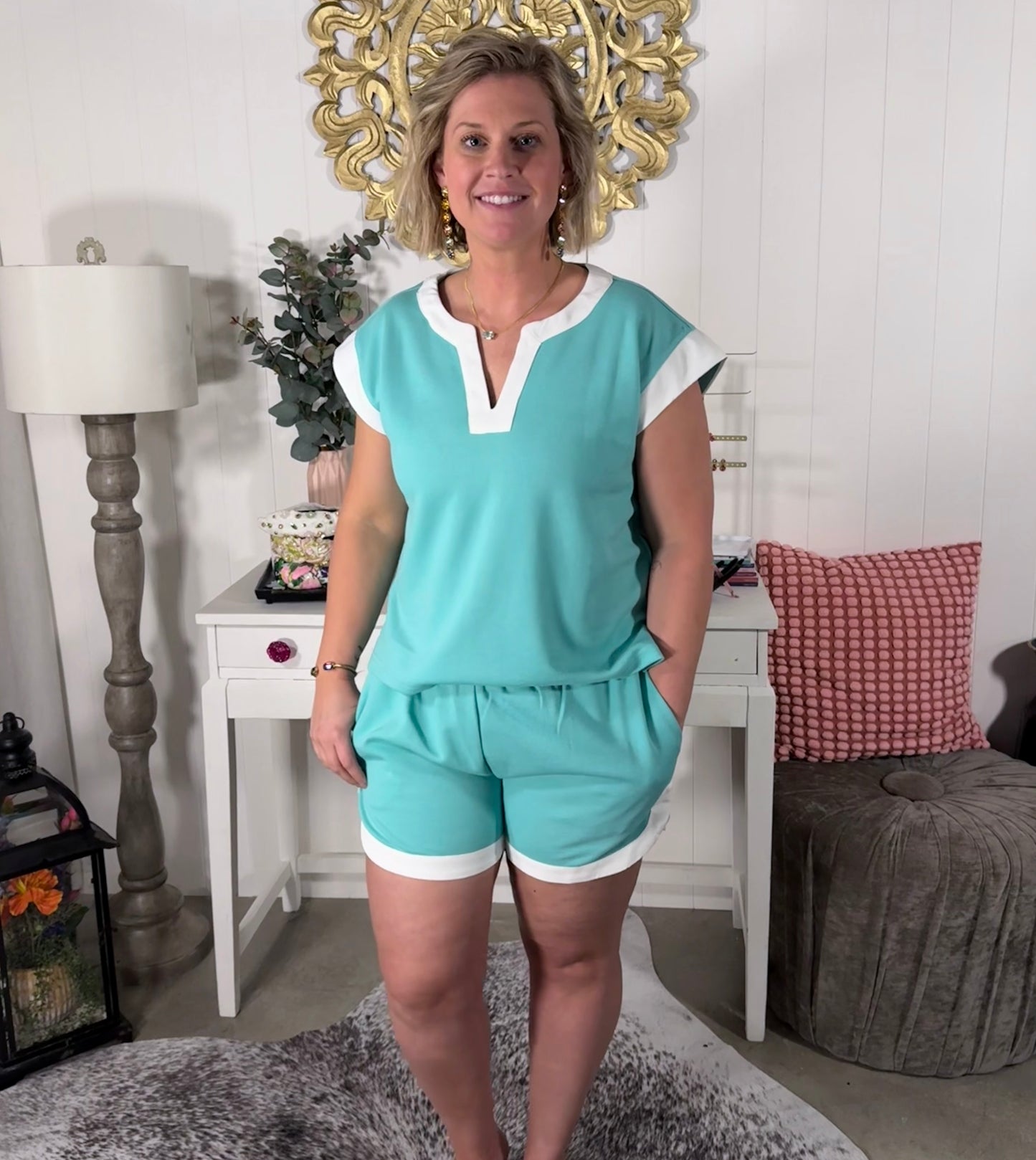 Jade and White Trim Contrast Pique Top