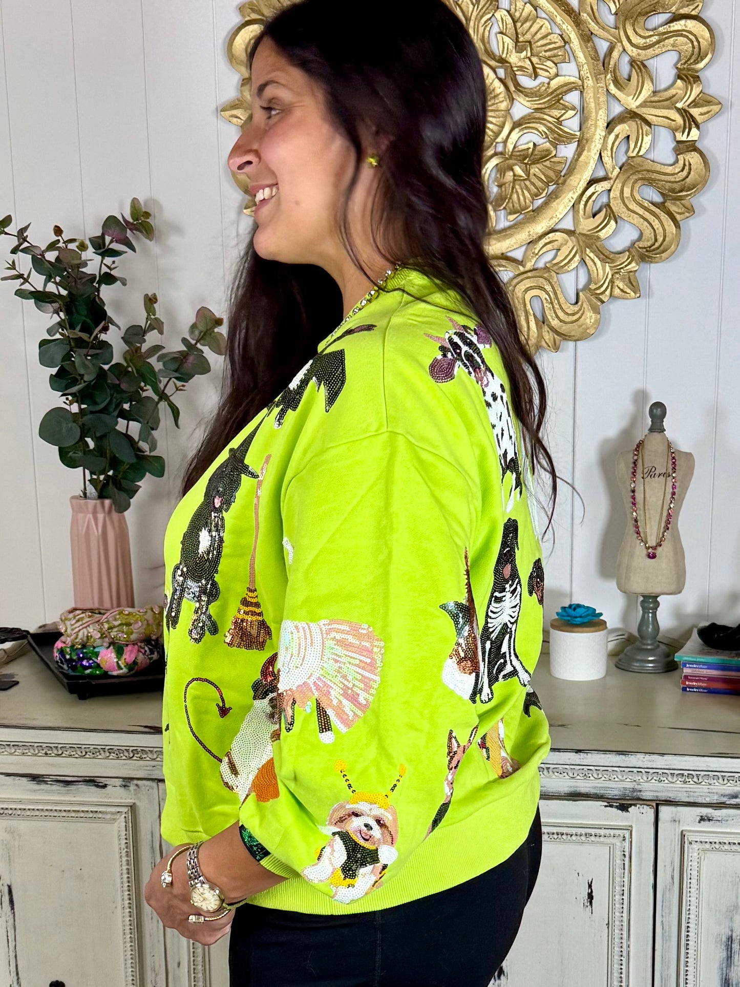 Queen of Sparkles Lime Green Halloween Dogs Sweatshirt