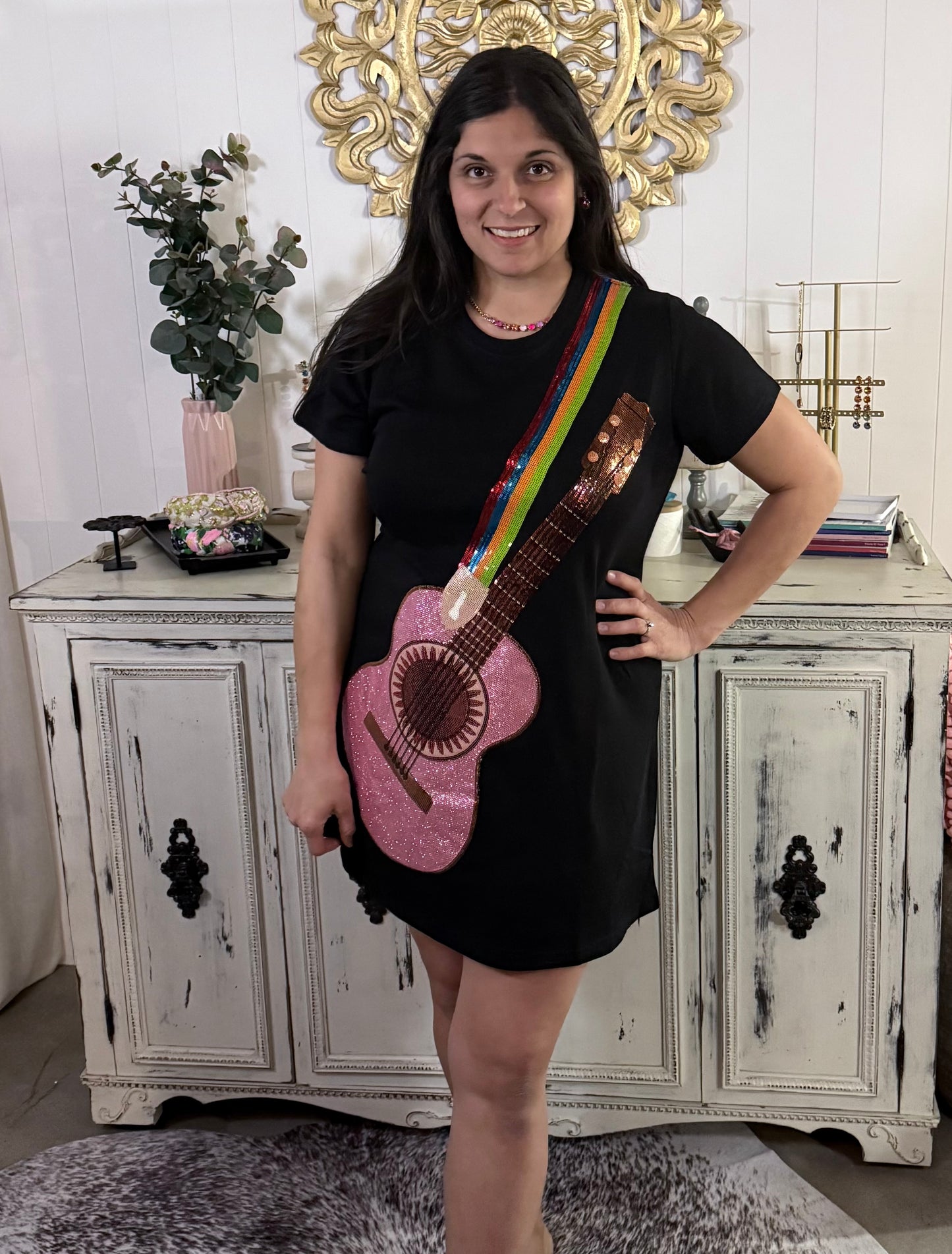 Queen of Sparkles Black Guitar Strap Tee Dress
