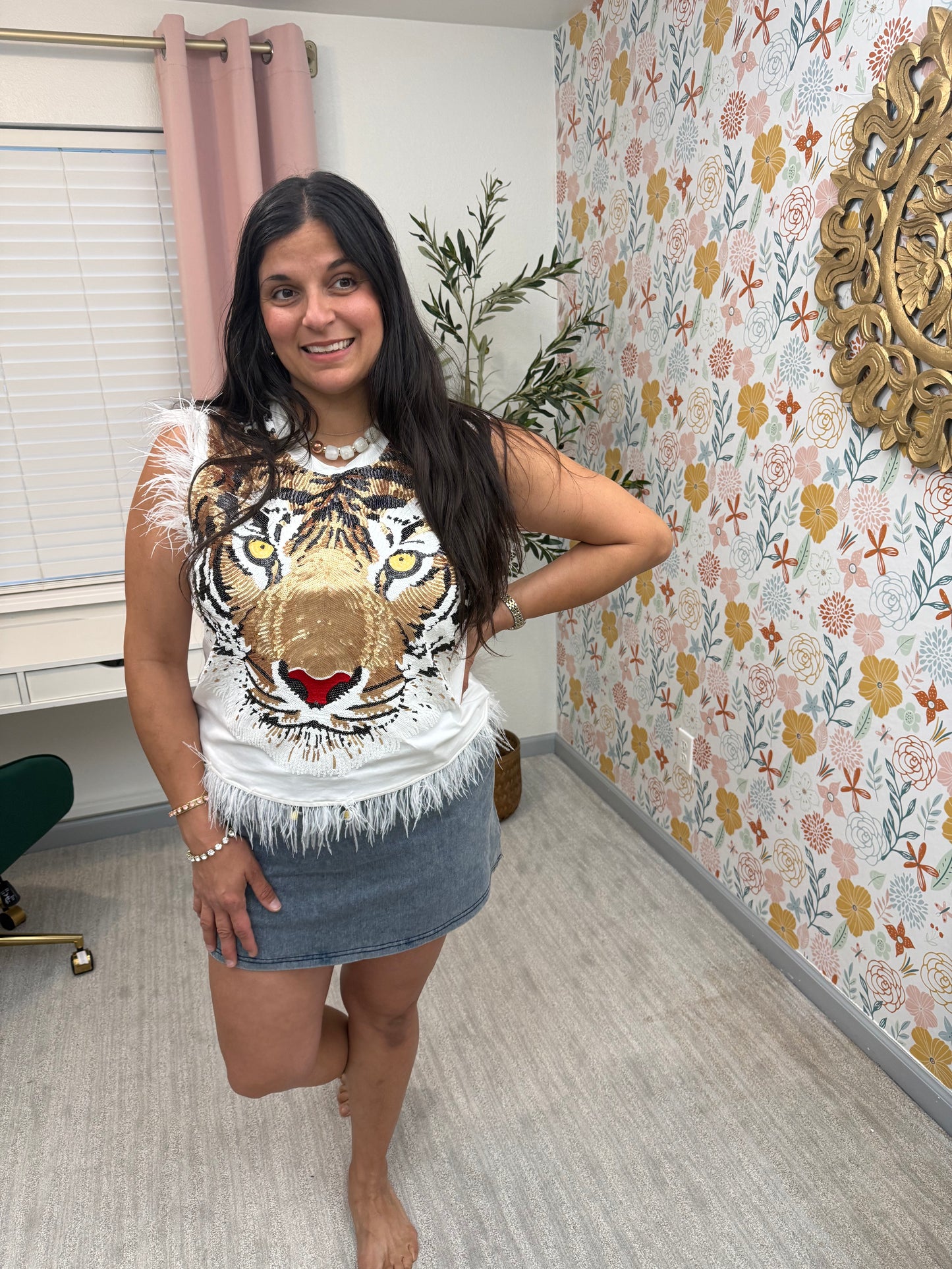 Queen of Sparkles White Oversized Tiger Feather Trim Tank