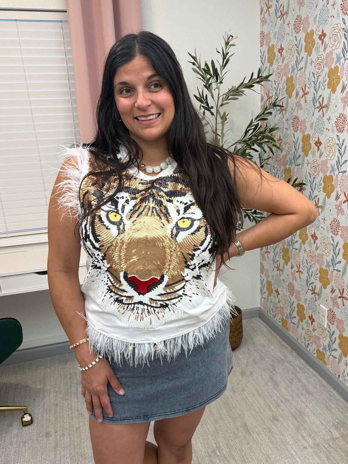 Queen of Sparkles White Oversized Tiger Feather Trim Tank