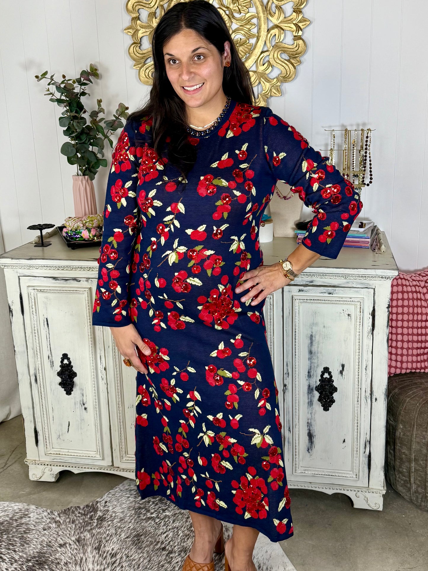 Queen of Sparkles Navy Cranberries Midi Dress