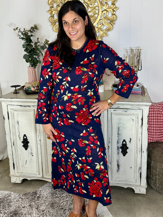 Queen of Sparkles Navy Cranberries Midi Dress