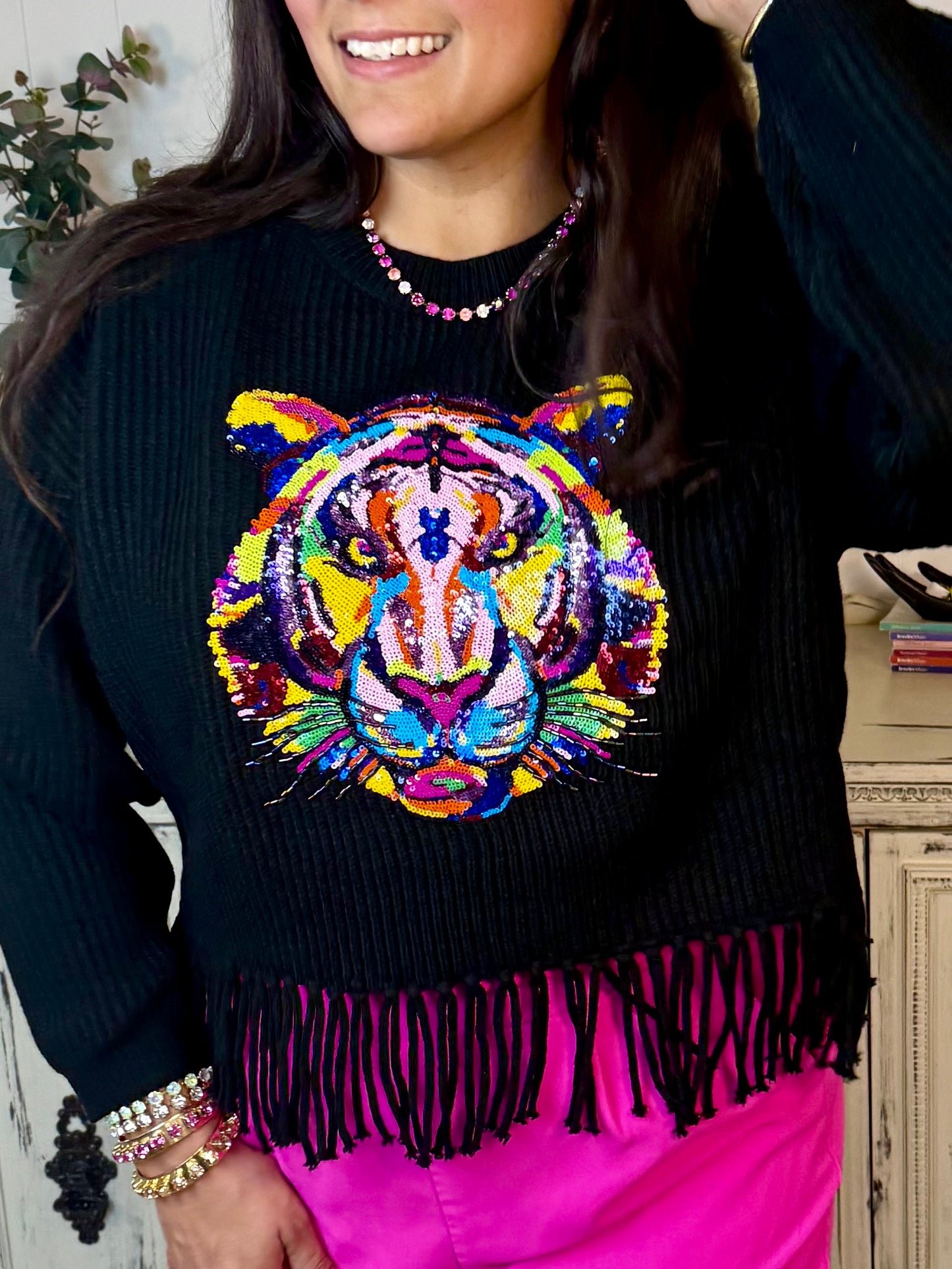 Queen of Sparkles Black Fringe Sweater with Rainbow Tiger
