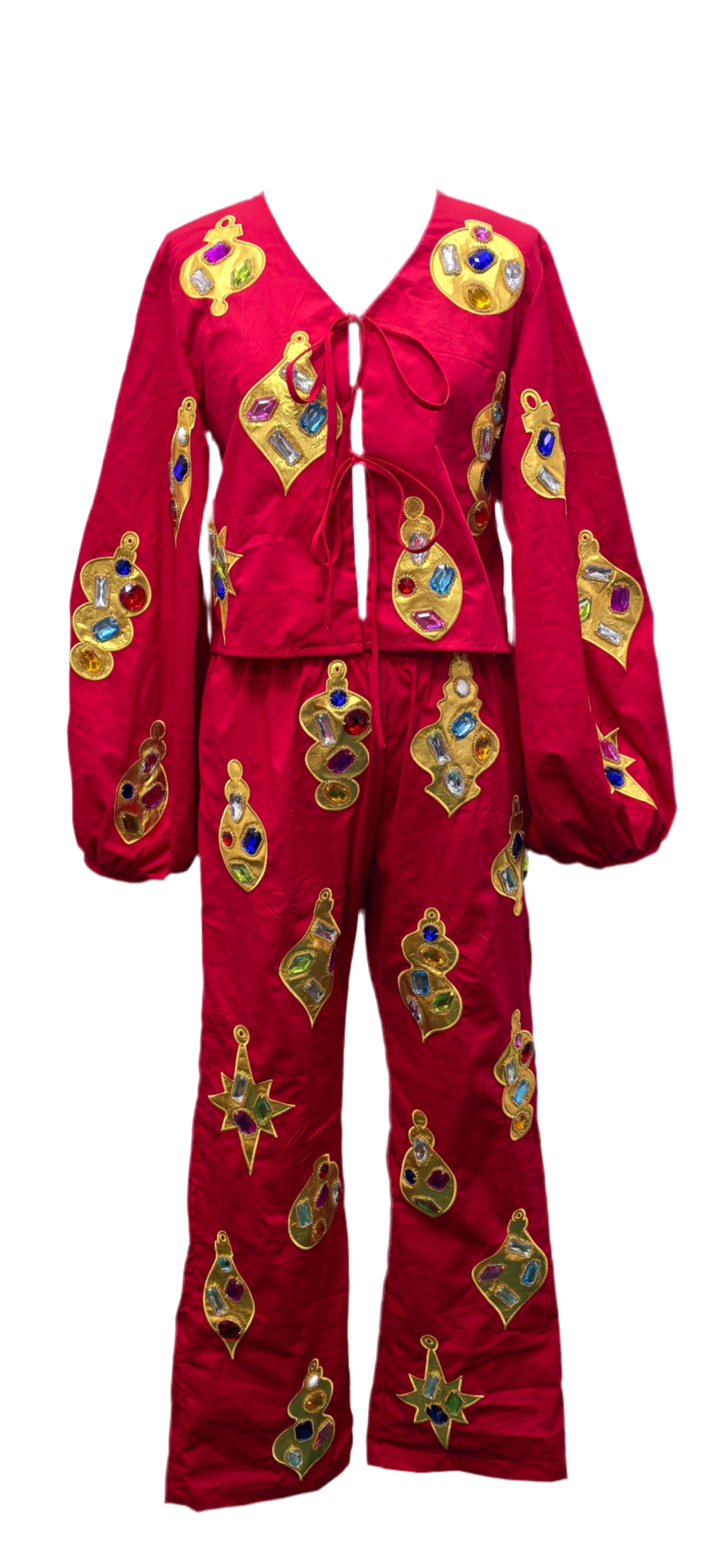 Queen of Sparkles Red & Gold Jeweled Ornament Tie Up Top