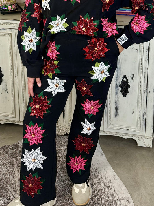 Queen of Sparkles Black Poinsettia Sweatpants