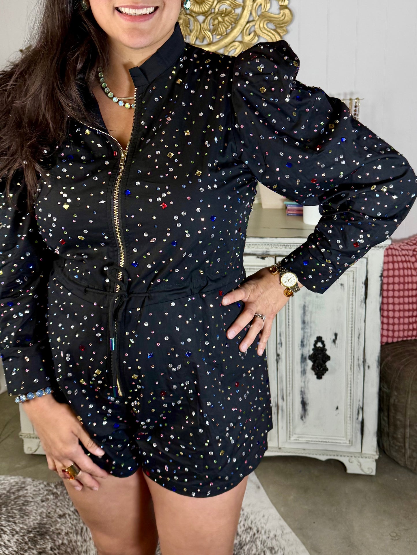 Queen of Sparkles Black Multi Scattered Rhinestone Romper