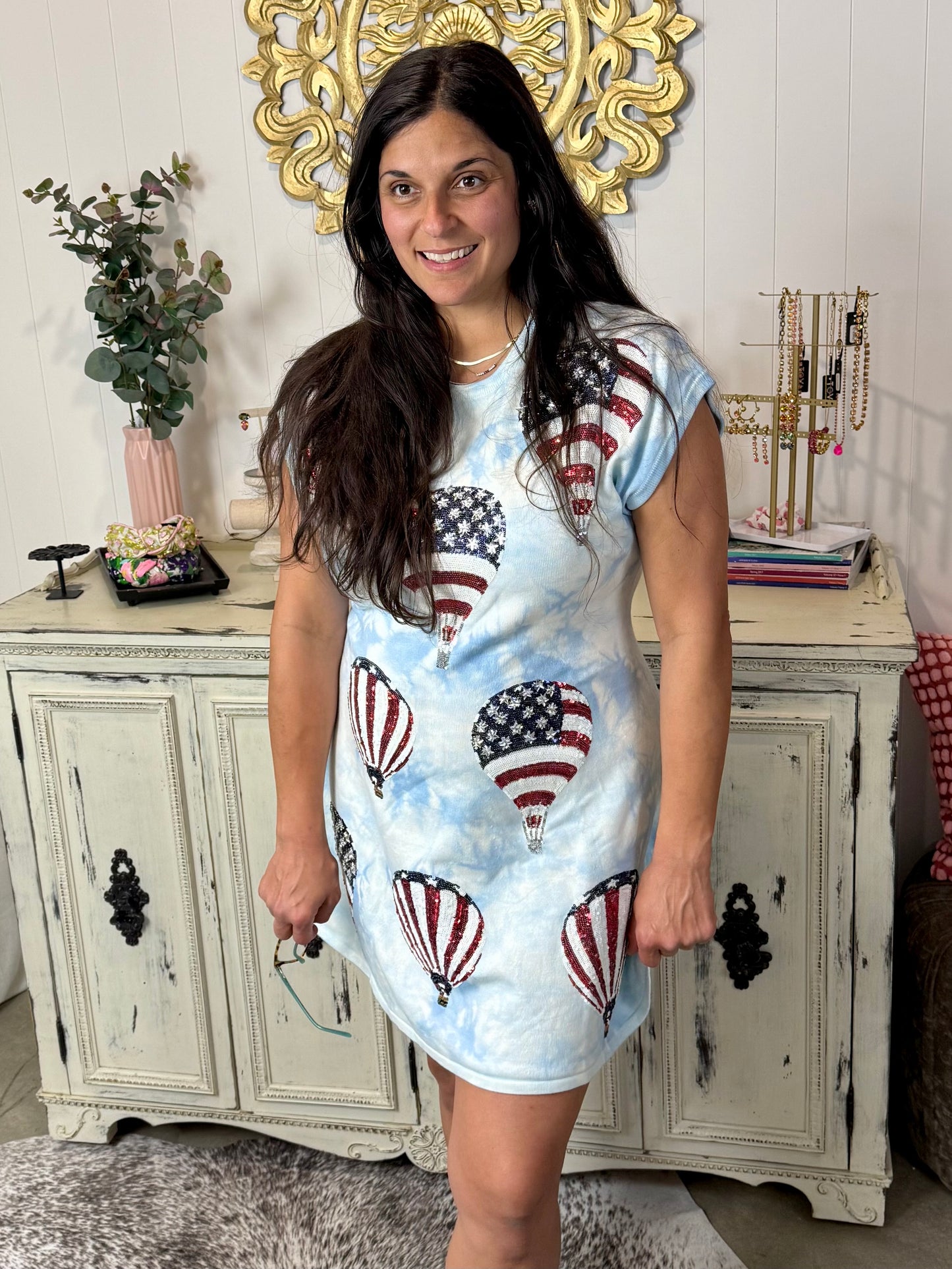 Queen of Sparkles Light Blue Tie Dye USA Hot Air Balloon Dress